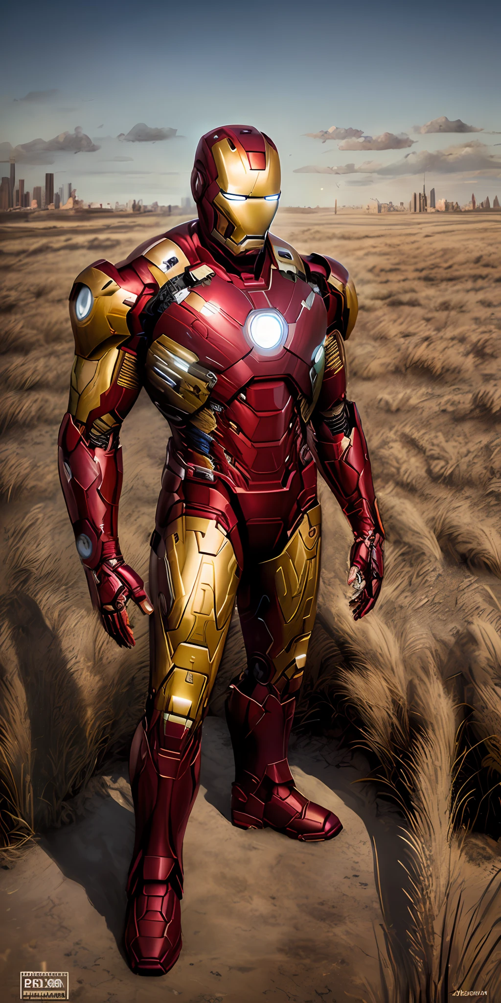 iron man (( proud expression)), masterpiece, best quality, ultra-detailed, ground, city background, shadows, contrast, clear sky, analog style (look at viewer:1.2) (skin texture) (film grain:1.3), ultra-high resolution, octane render, 16k