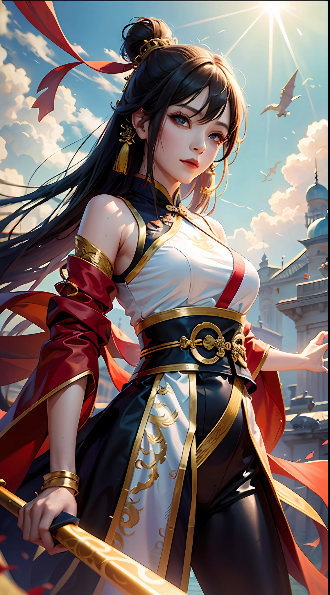 RAW photo, masterpiece, best quality, (1girl), beautiful girl, dragon woman, cool pose, wearing colorful Hanfu, floating in the sky, cinematic light, sun ray, happy