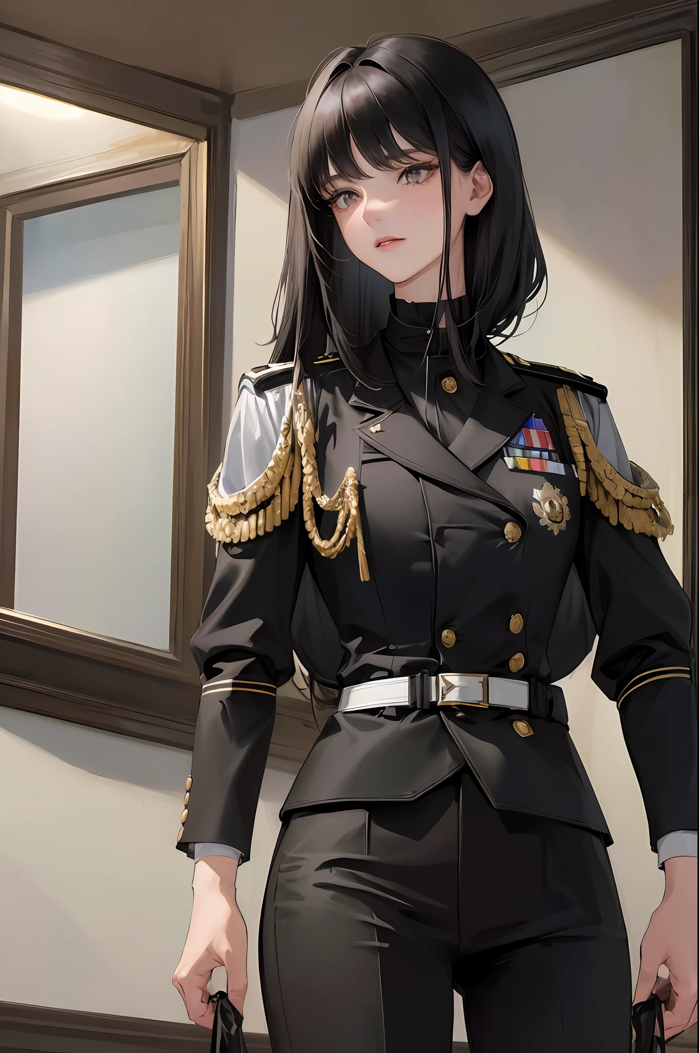 (highest resolution, distinct_image) best quality, woman, masterpiece, high detail, semi-realistic, short black hair, black hair, bangs, 21 years old, shoulder-length hair, mature, young, black clothes, black uniform, military academy beauty heroic heroic posture interior background exquisite and exquisite facial features