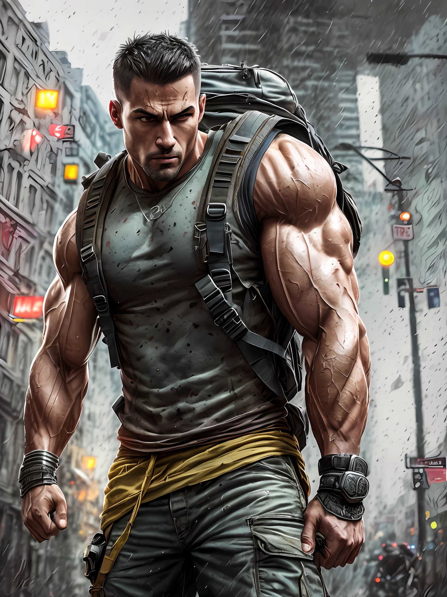 Strong muscular man, street rage, backpack, epic realism, photo, faded, complex stuff around, complex background, wet, neutral colors, ((((hdr)))), (((( muted colors)))), complex scene, artstation, intricate details, vignette