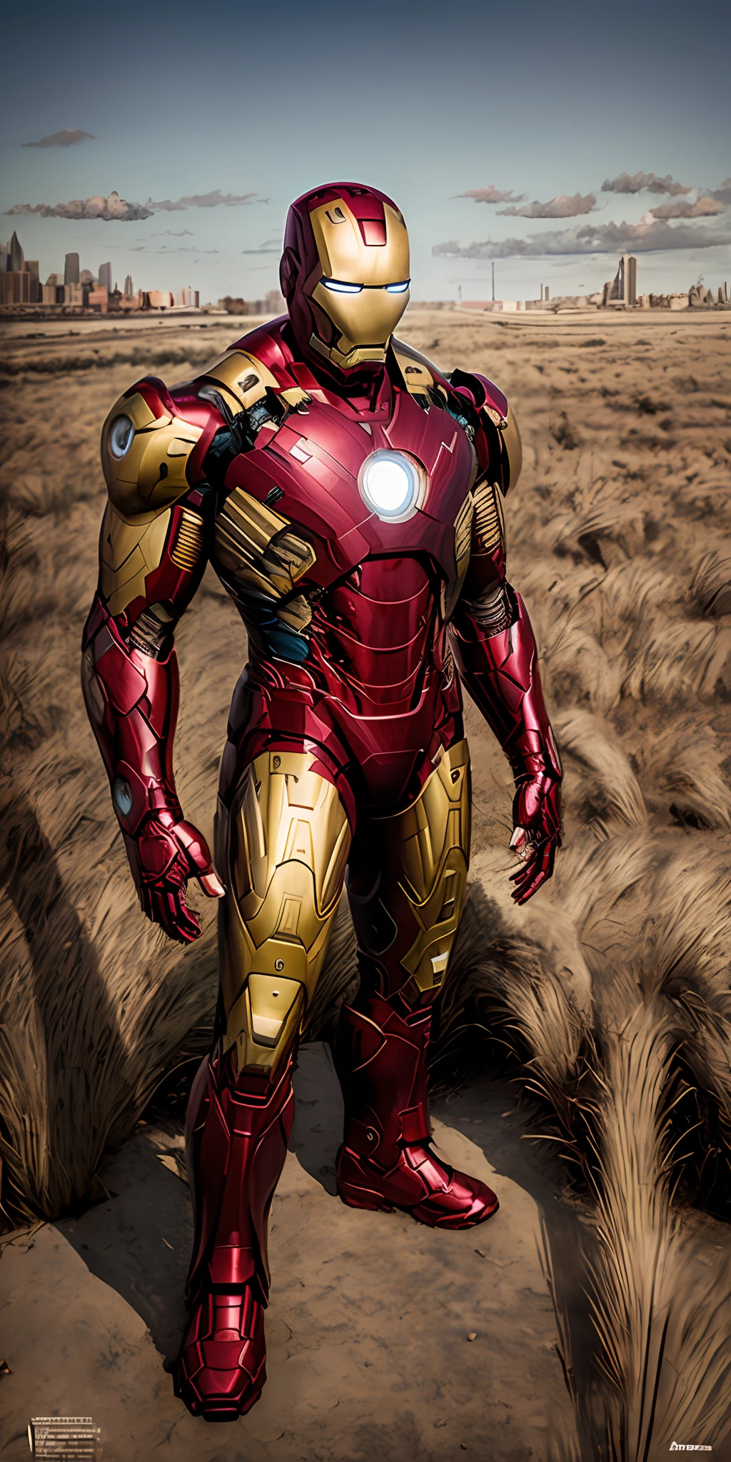 iron man (( proud expression)), masterpiece, best quality, ultra-detailed, ground, city background, shadows, contrast, clear sky, analog style (look at viewer:1.2) (skin texture) (film grain:1.3), ultra-high resolution, octane render, 16k