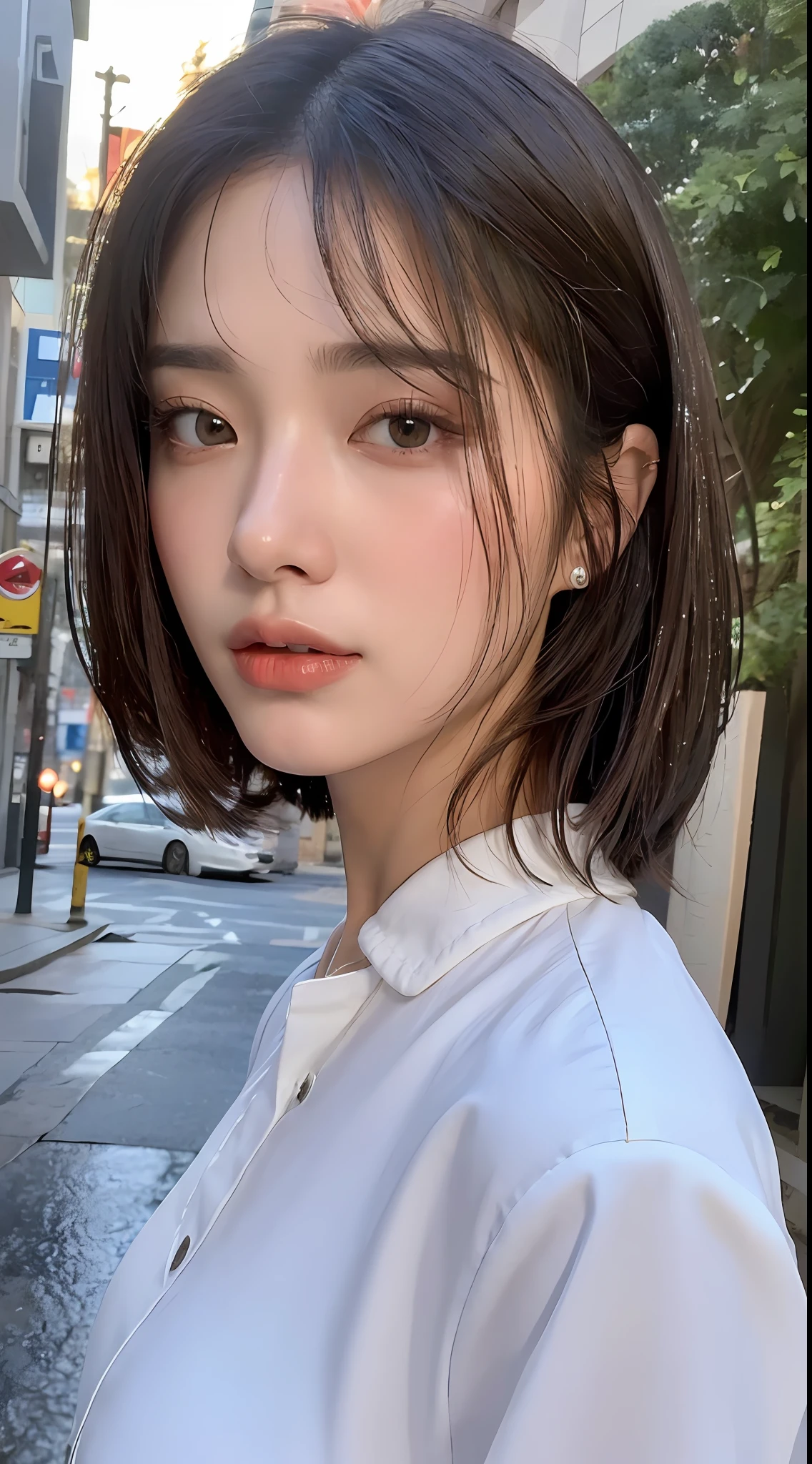 ((Best Quality, 8K, Masterpiece: 1.3)), Sharp: 1.2, Perfect Body Beauty: 1.4, Slim Abs: 1.2, ((Layered Hairstyle, Big Breasts: 1.2)), (Wet White Button Long Shirt: 1.1), (Rain, Street: 1.2), Wet: 1.5, Highly detailed face and skin texture, detailed eyes, double eyelids, side face looking at the camera