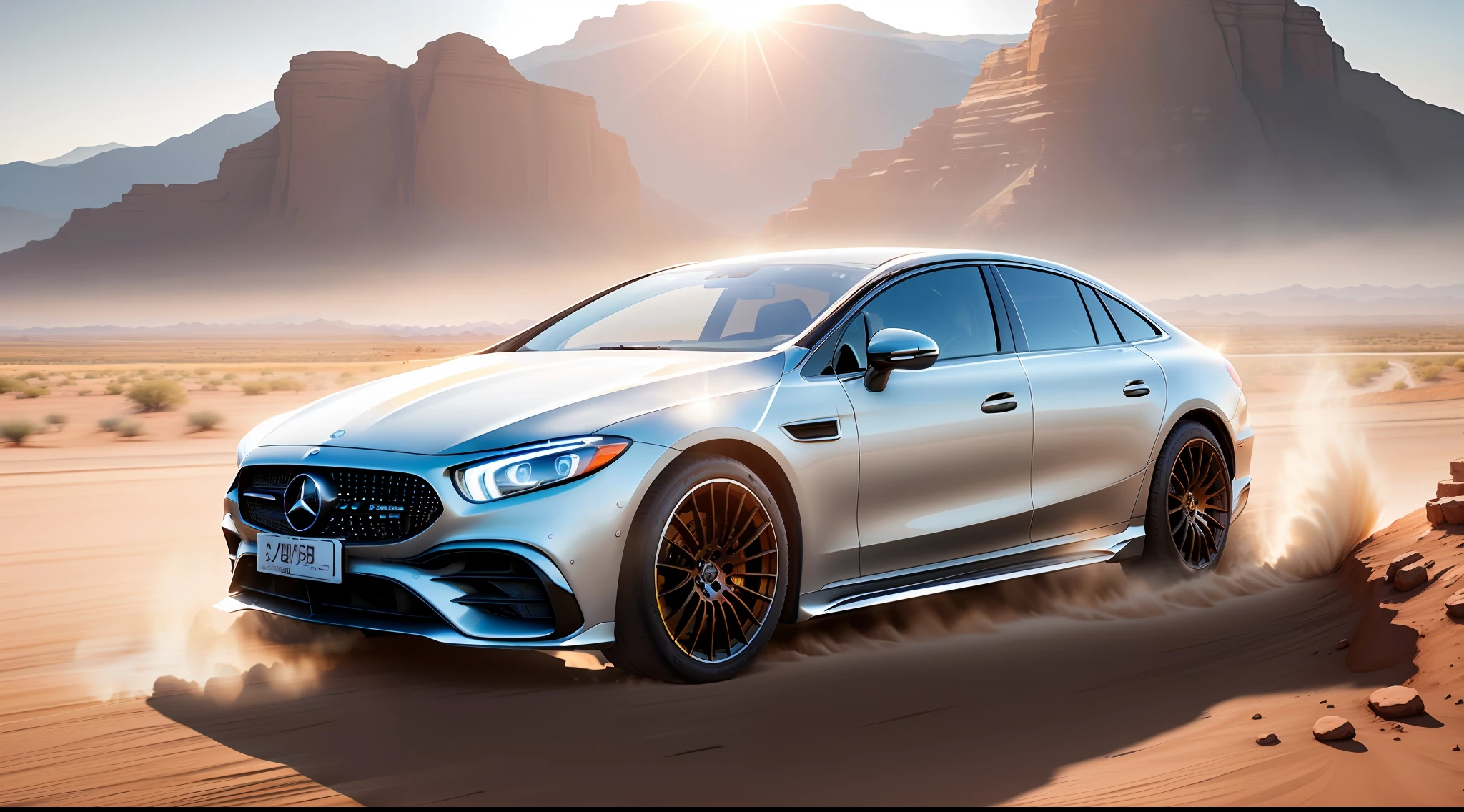 racing, high detail, off-road, detailed, eqs Mercedes, car, 8k resolution, masterpiece, village mountain background, desert, lighting best resolution, rock fashion design, forward turn 3:1 degree view, exhaust flash, daylight, (((change background only)))