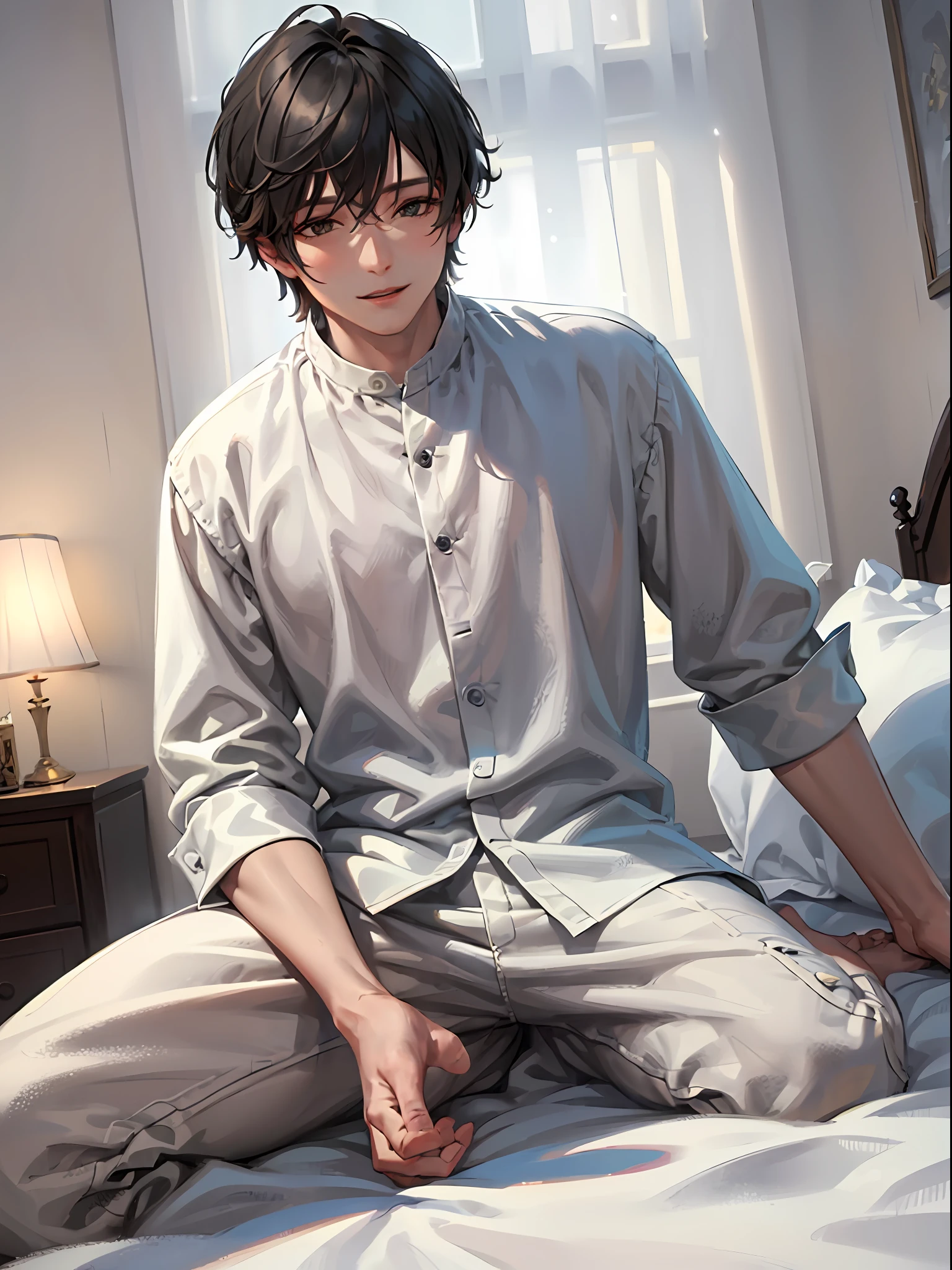 (A man: 1.4), expression joyful, eyes firm, on the bed, in white pajamas, 8k, super detailed, informative, delicate face, highest definition
