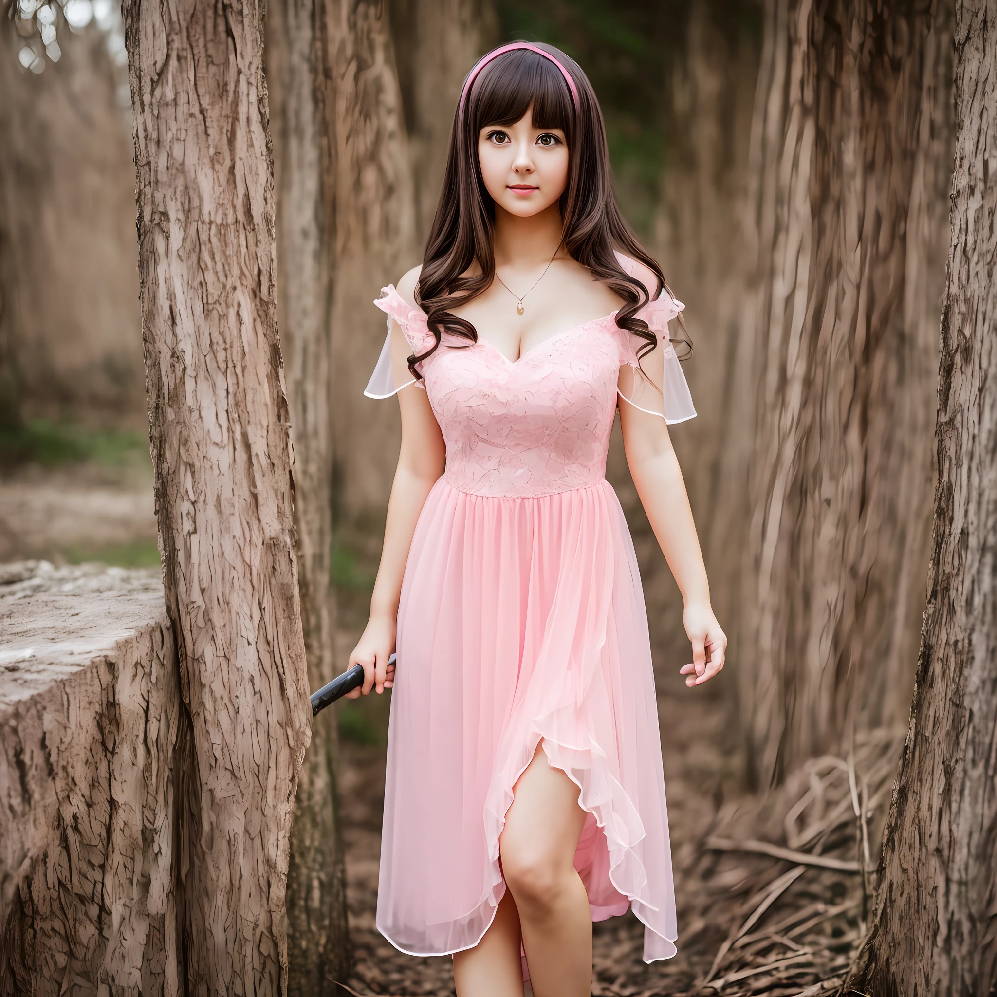 Photo of beautiful young woman, age 25, (((head in frame))), (full body), pink dress, perfectly beautiful, highly detail, dark hair, ((anime)), realistic anime portrait, anime photography