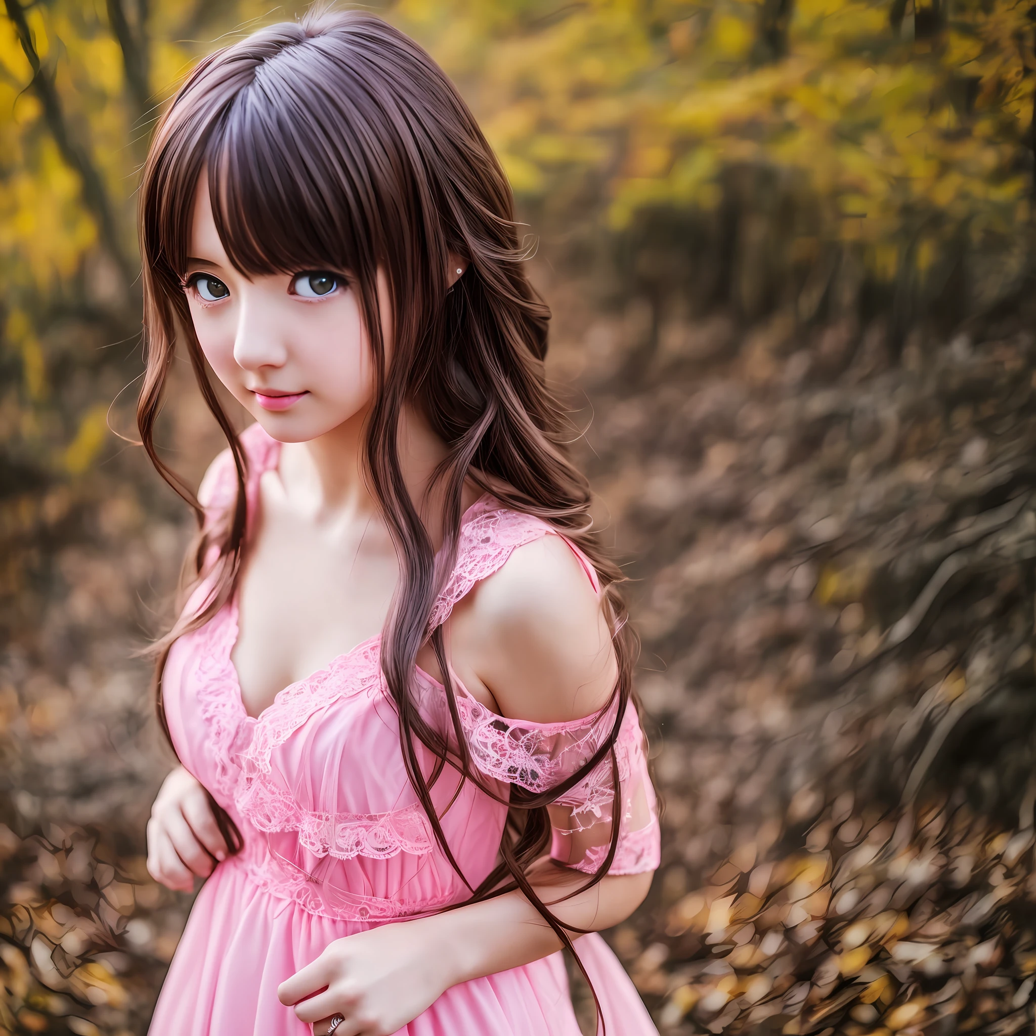 Photo of beautiful young woman, age 25, (((head in frame))), (full body), pink dress, perfectly beautiful, highly detail, dark hair, ((anime)), realistic anime portrait, anime photography