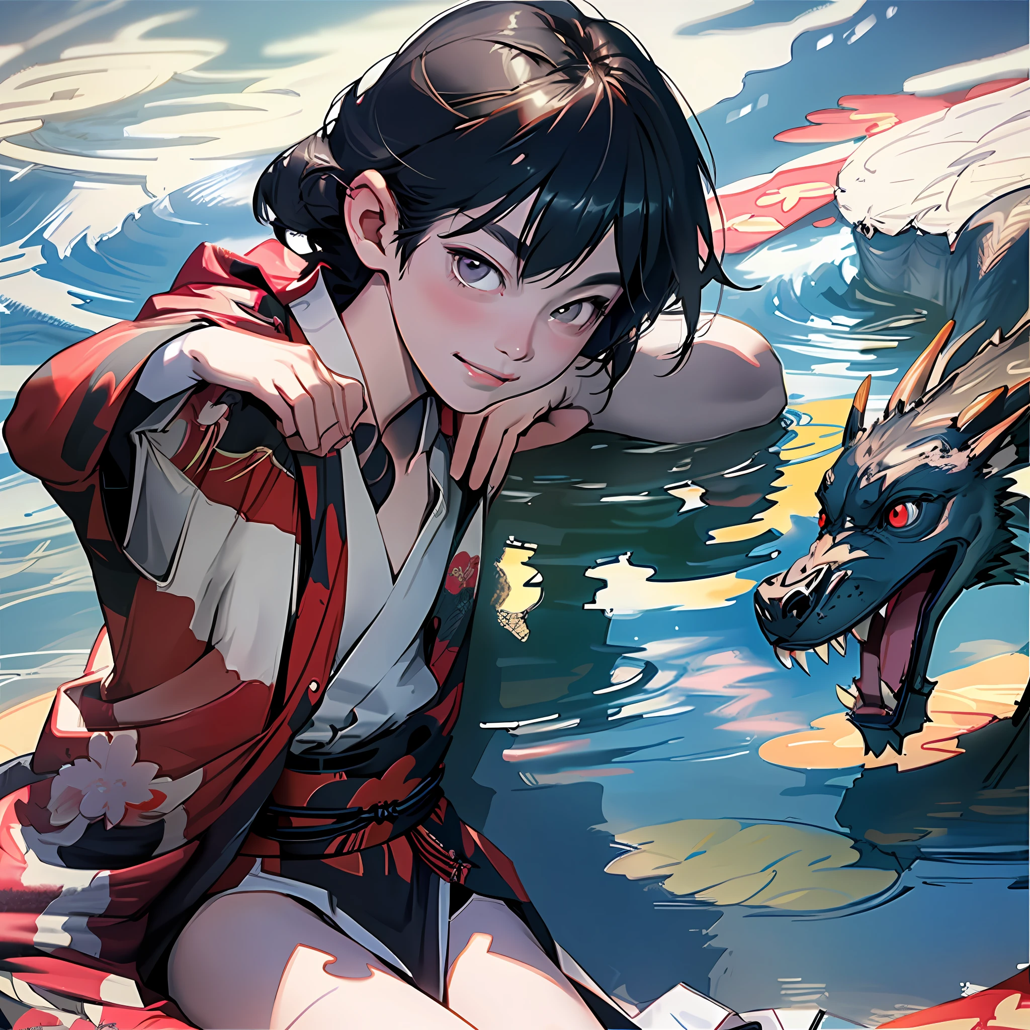 (realistic lighting, top quality, 8K, masterpiece: 1.3), , 18 years old, Japan girls, 18 years old, slender, in yukata, chest up, hair pulled up, red cheeks, shy smile, summer festival, fireworks, face in shadow, detailed watercolor background