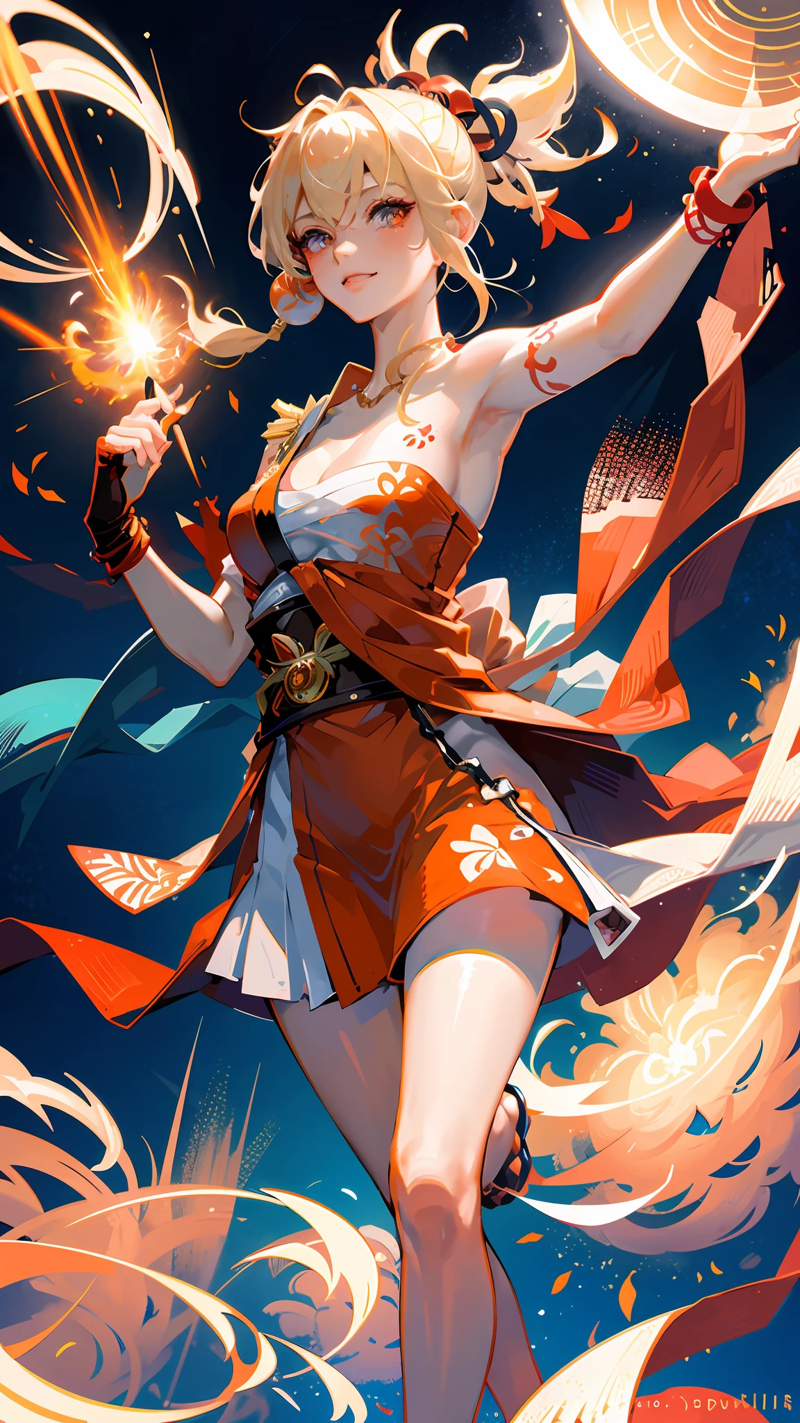 ((Masterpiece)), (Best Quality: 1.7), (detail: 1.4), (High resolution: 1.4), 8K, (Color: 1.5), 2D, High resolution, Sharp image, 4K, HD, Meigiya (Genshin Impact), Shimocha, Kimono, Nail polish, Bandage legs, Tattoo, Single-finger gloves, Fingerless gloves, Red necklace, Arm support, Hair between eyes, Bandage, Necklace, Look at the audience, Belt, Single bare shoulder, Vision (Genshin Impact), Blonde, Collon, Orange Kimono, Blush, medium breasts, hands up, bandage arms, thighs, black gloves, flower tattoo, arashi, chest arasashi, japanese clothes, rope, orange eyes, orange nails, solo, belt, arm tattoo, shut up, ponytail, white background, gloves, jewelry, smile, hair accessory, hada nuji dosa, 1 girl, chest tattoo, half, sphere, sun, flowers, shoulder shedding,