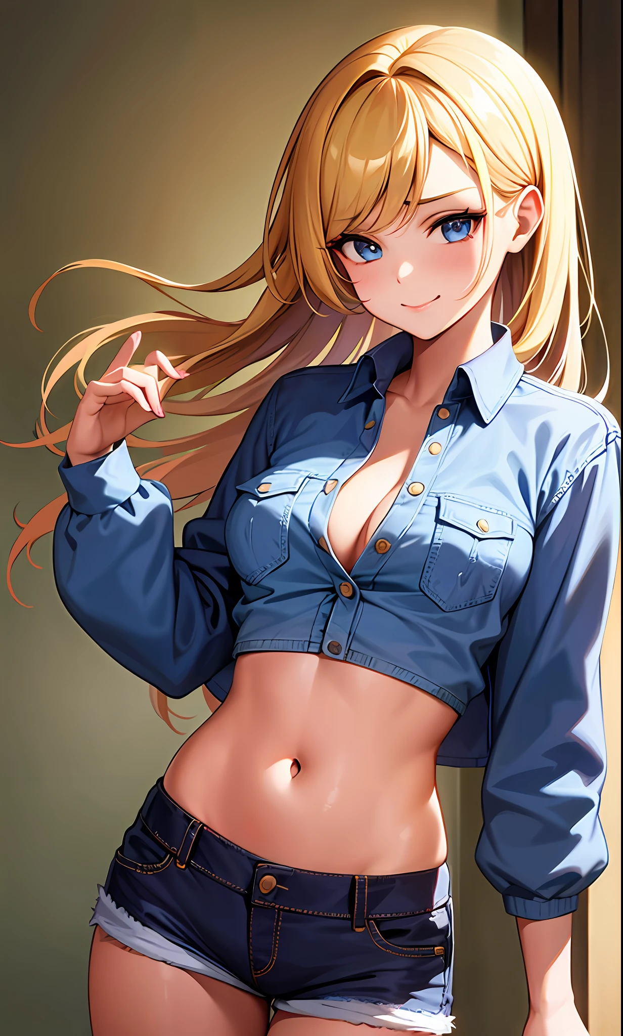 1girl, masterpiece, best quality, medium full shot, blonde hair, unbuttoned shirt, crop top, jean shorts, smug face