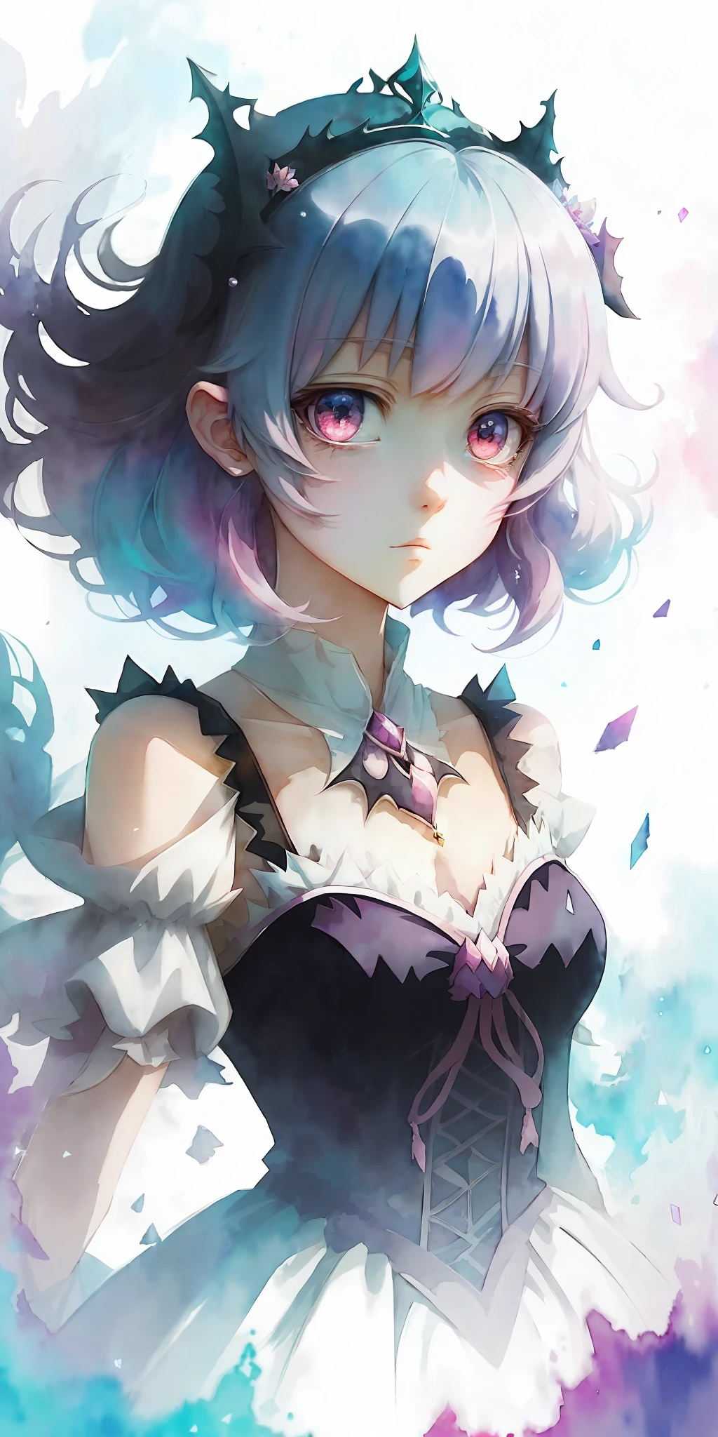 perfectly structured, (watercolor), digital illustration, anime style, the mysterious (princess of darkness:1.2), highly detailed, volumetric lighting, kawaii pastel colors, dynamic composition, sharp and crisp image, (delicate, sublime:1.2), beautiful beyond words,