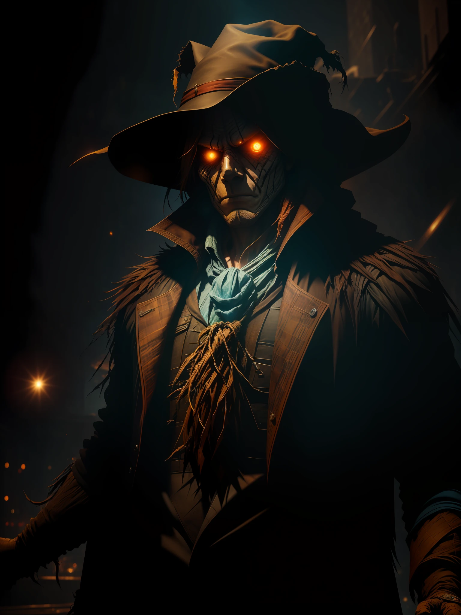 Scene from Movie, Scarecrow from DC Close-Up, Distorted Space, Distorted Undead in the Background, Lens Flares, Light Shafts, Intricate Details, High Detailed, Volumetric Lighting, 4k Rendering, Stock Photo, Hyper-Realistic, Realistic Textures, Dramatic Lighting, Unreal Engine