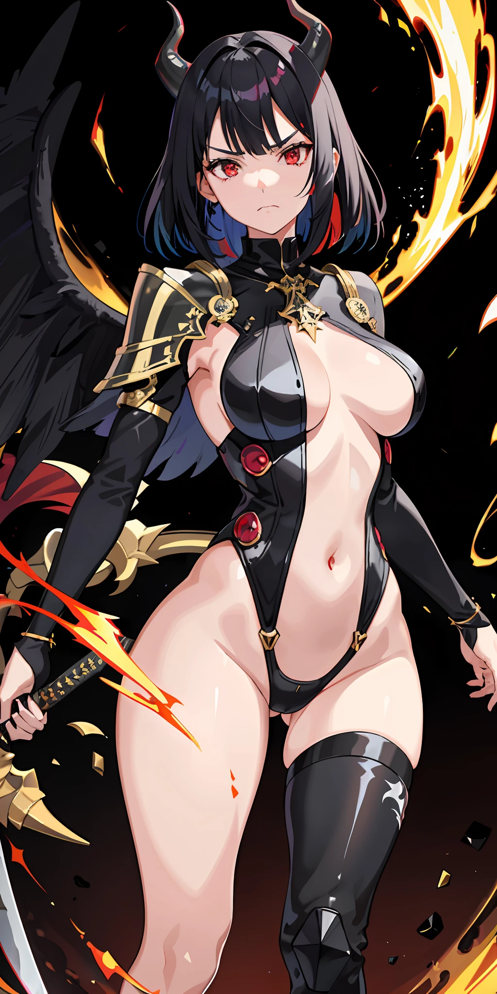 1girl, black hair, multicolored hair(white,black), red eyes, sidelighting, light particles, wallpaper, big breast, full plate armor, Skull mask on head,  dynamic pose, bring a black ringed sword, devil horn, wide Angel wing,milf body, angry face,on the crown,hell background