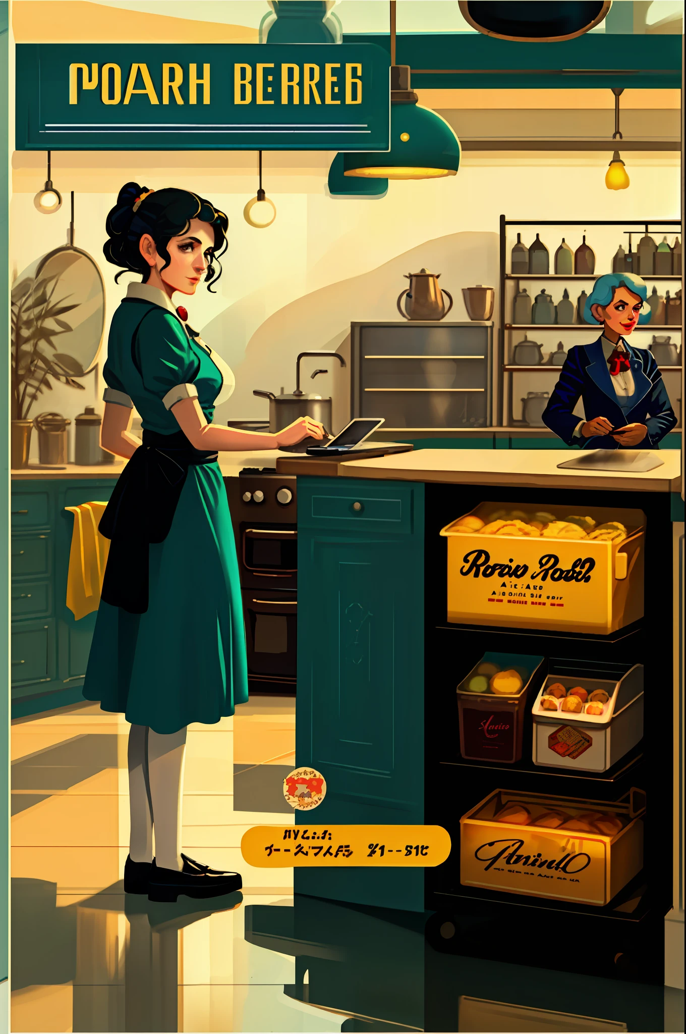pop art, vintage ad a woman over 57 years old using tablet, kitchen, housewife, advertisement, image
