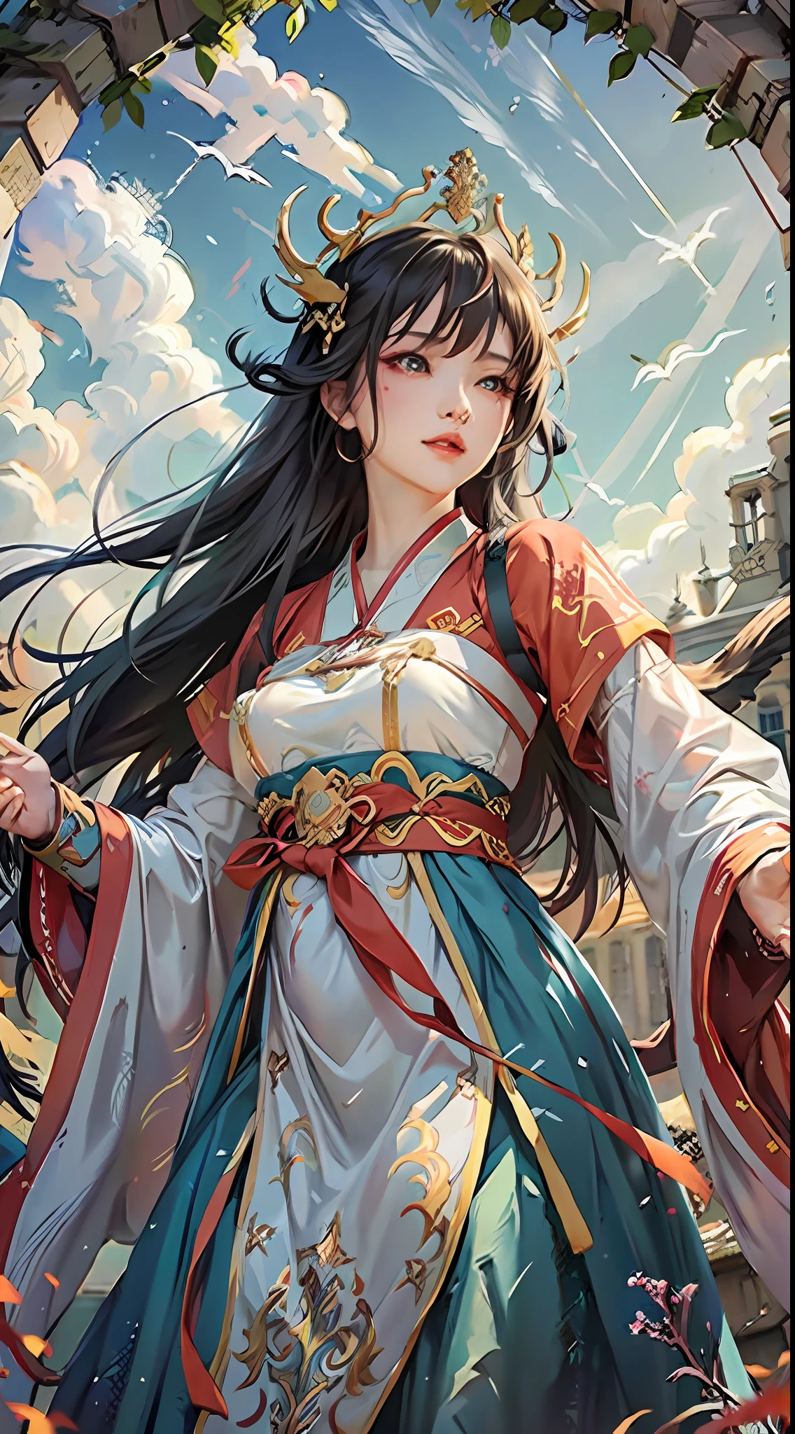 RAW photo, masterpiece, best quality, (1girl), beautiful girl, dragon woman, cool pose, wearing colorful Hanfu, floating in the sky, cinematic light, sun ray, happy