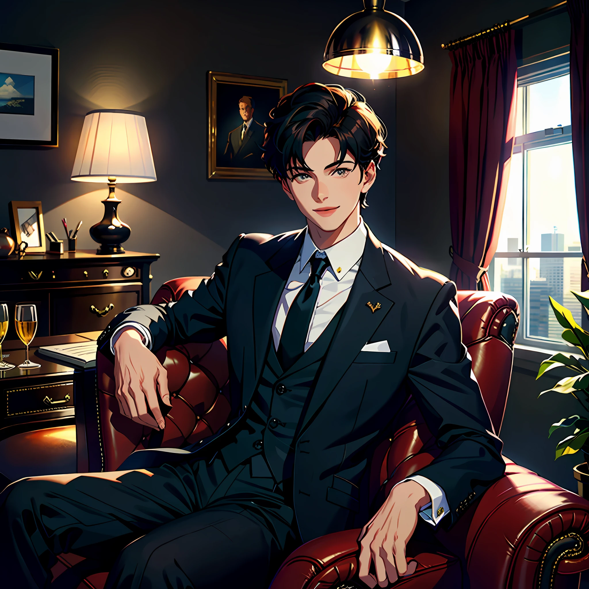 A handsome boy, 20 years old, sitting on a luxury sofa in his office with a floor-to-ceiling window behind him, smiling, looking straight ahead, wearing a black suit and shirt