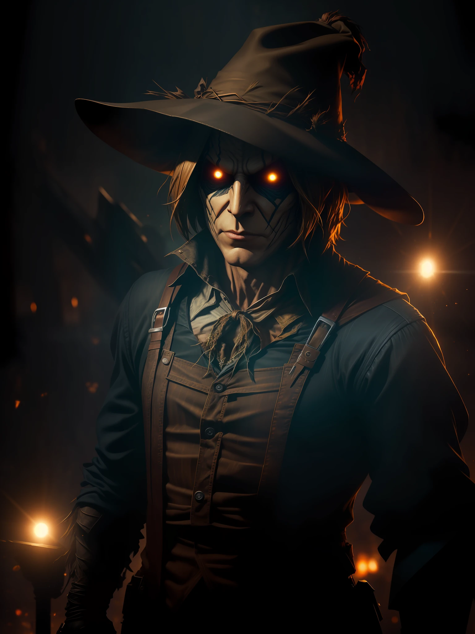 Scene from Movie, Scarecrow from DC Close-Up, Distorted Space, Distorted Undead in the Background, Lens Flares, Light Shafts, Intricate Details, High Detailed, Volumetric Lighting, 4k Rendering, Stock Photo, Hyper-Realistic, Realistic Textures, Dramatic Lighting, Unreal Engine
