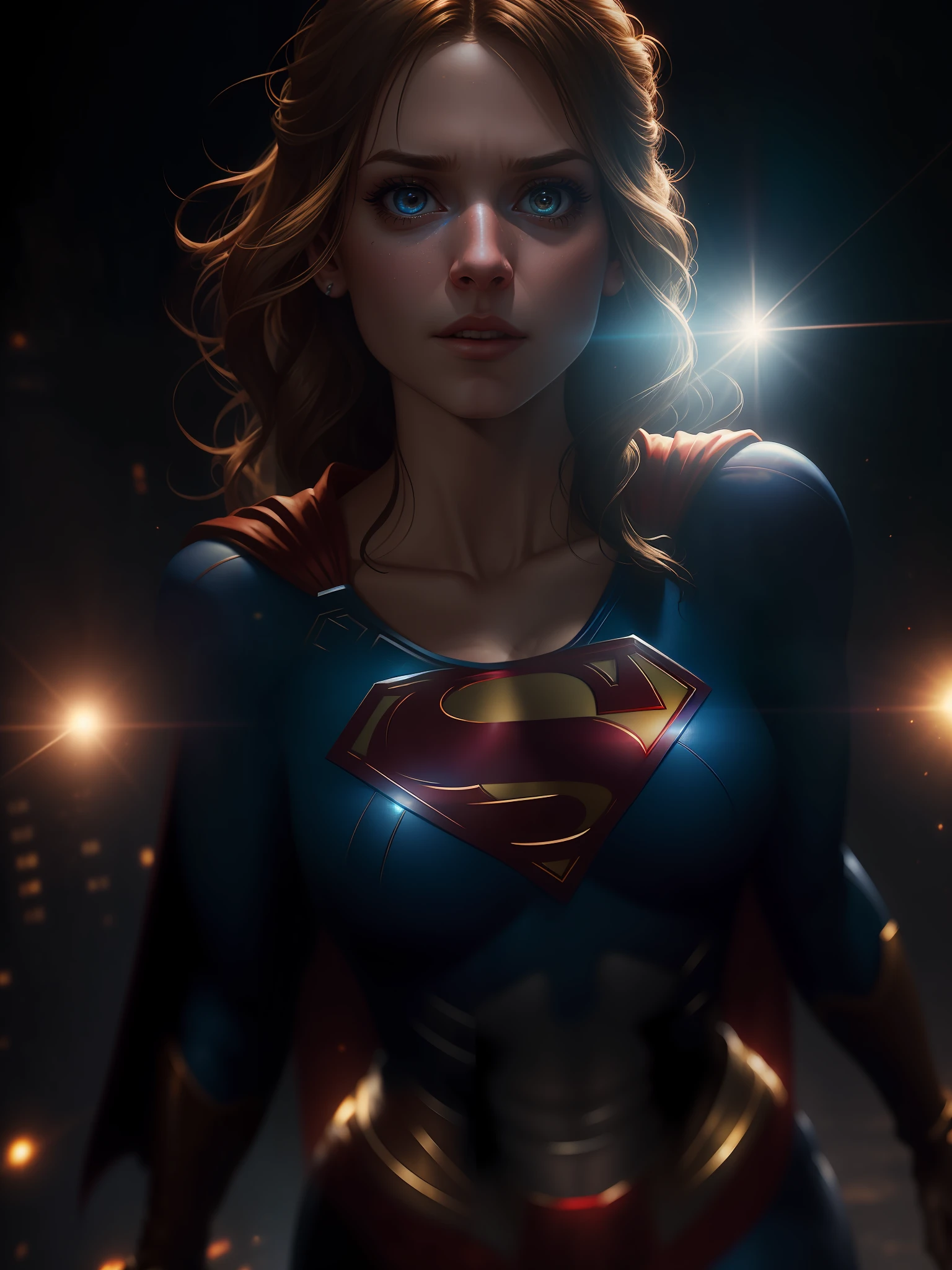 Movie scene, Supergirl from DC close-up shot, distorted space, distorted undead in the background, lens flares, light shafts, intricate details, highly detailed, volumetric lighting, 4k rendering, stock photo, hyperrealistic, realistic textures, dramatic lighting, Unreal Engine