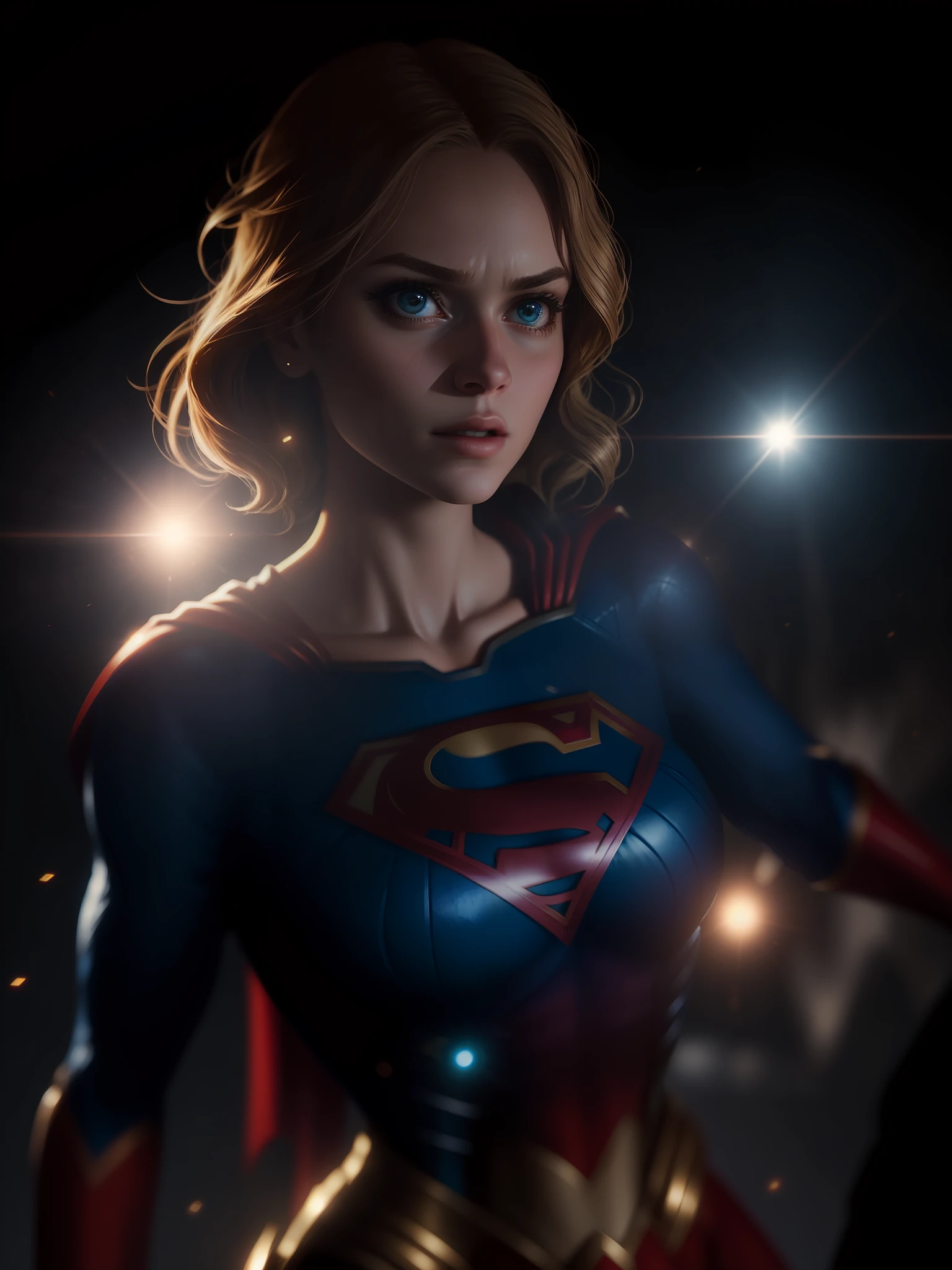 Movie scene, Supergirl from DC close-up shot, distorted space, distorted undead in the background, lens flares, light shafts, intricate details, highly detailed, volumetric lighting, 4k rendering, stock photo, hyperrealistic, realistic textures, dramatic lighting, Unreal Engine