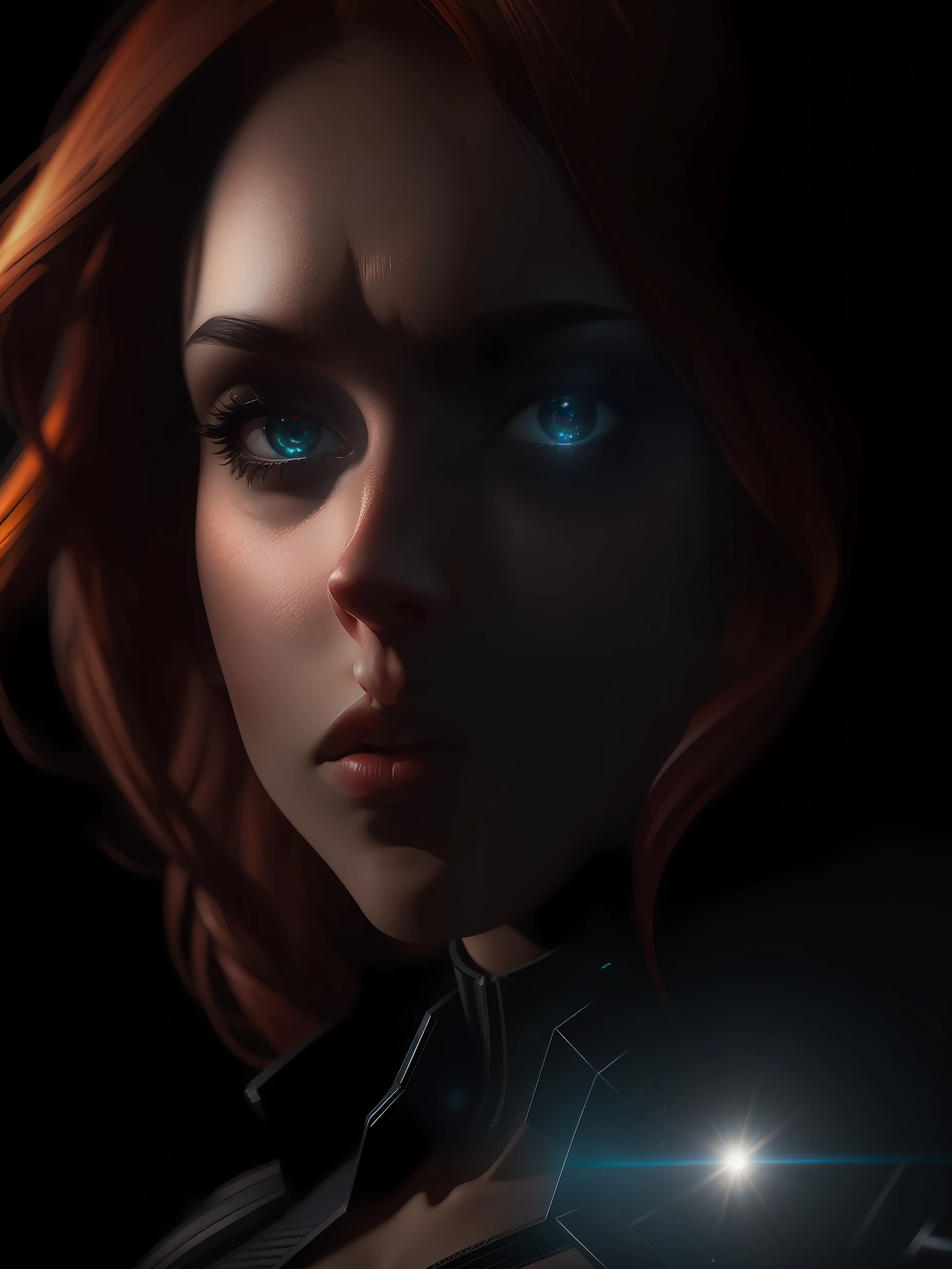 Movie scene, Black Widow from Marvel close-up shot, distorted space, distorted undead in the background, lens flares, light shafts, intricate details, highly detailed, volumetric lighting, 4k rendering, stock photo, hyperrealistic, realistic textures, dramatic lighting, Unreal Engine