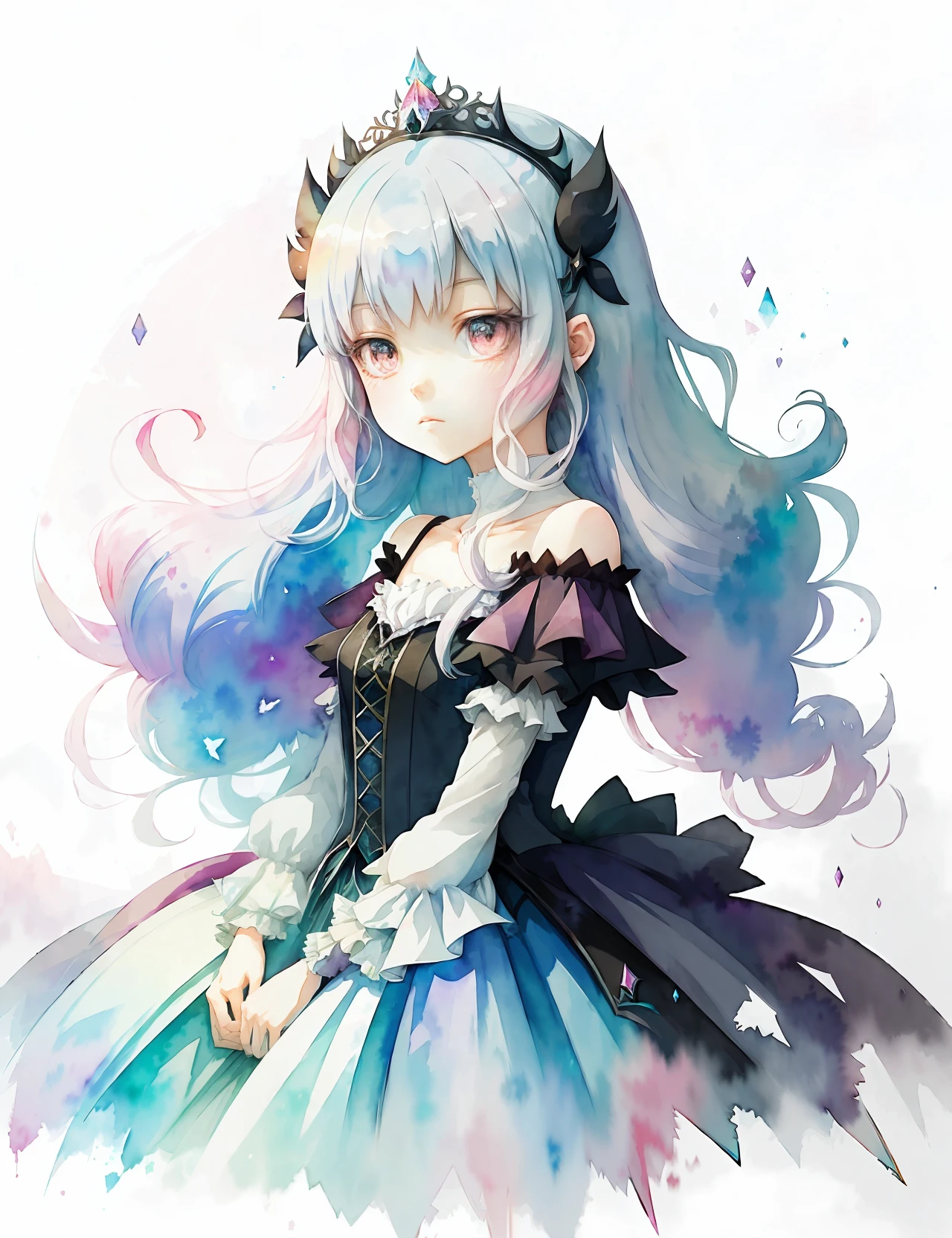 perfectly structured, (watercolor), digital illustration, anime style, the mysterious princess of darkness, highly detailed, volumetric lighting, kawaii pastel colors, dynamic composition, sharp and crisp image, (delicate, sublime:1.2), beautiful beyond words,