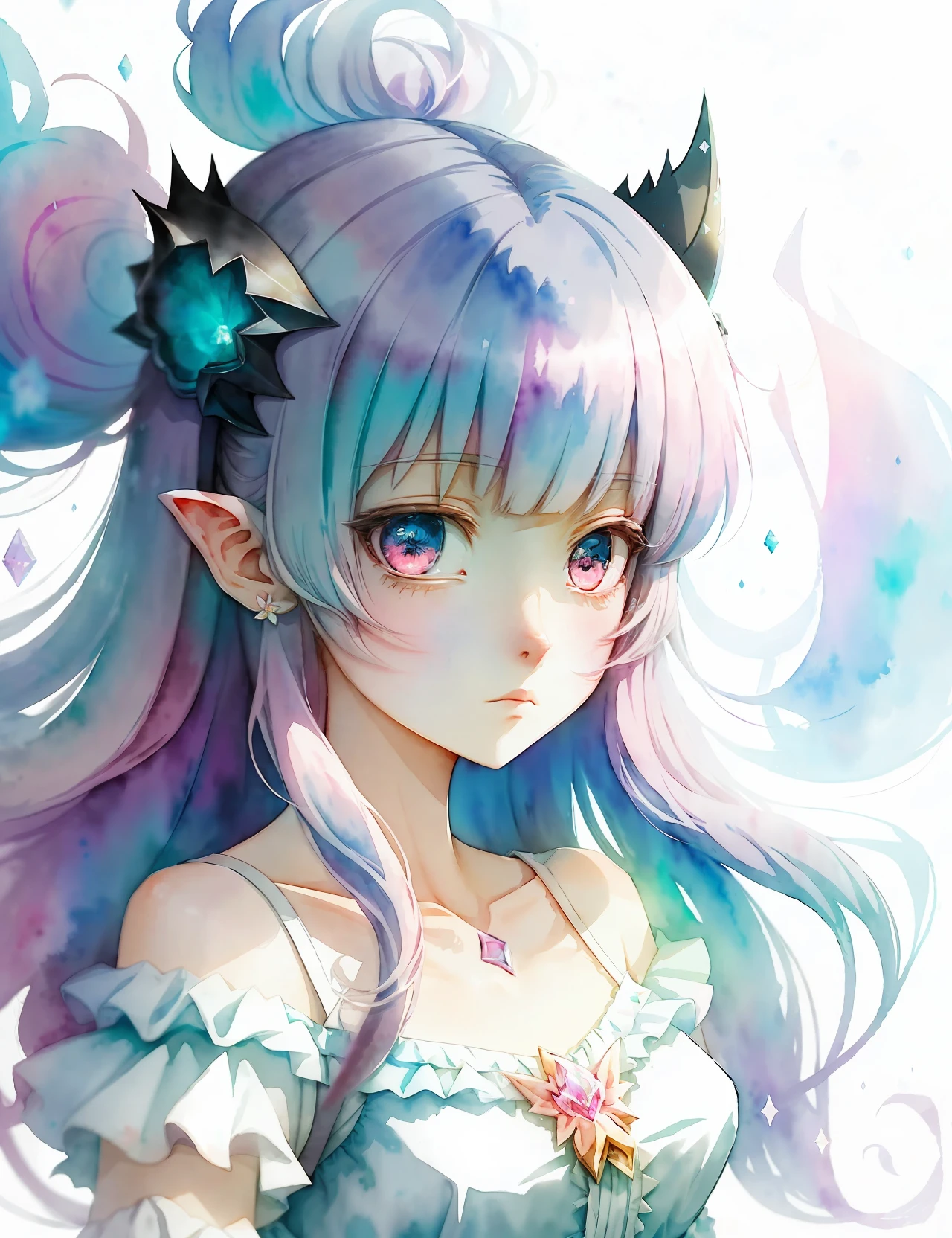 perfectly structured, (watercolor), digital illustration, anime style, the mysterious princess of darkness, highly detailed, volumetric lighting, kawaii pastel colors, dynamic composition, sharp and crisp image, (delicate, sublime:1.2), beautiful beyond words,