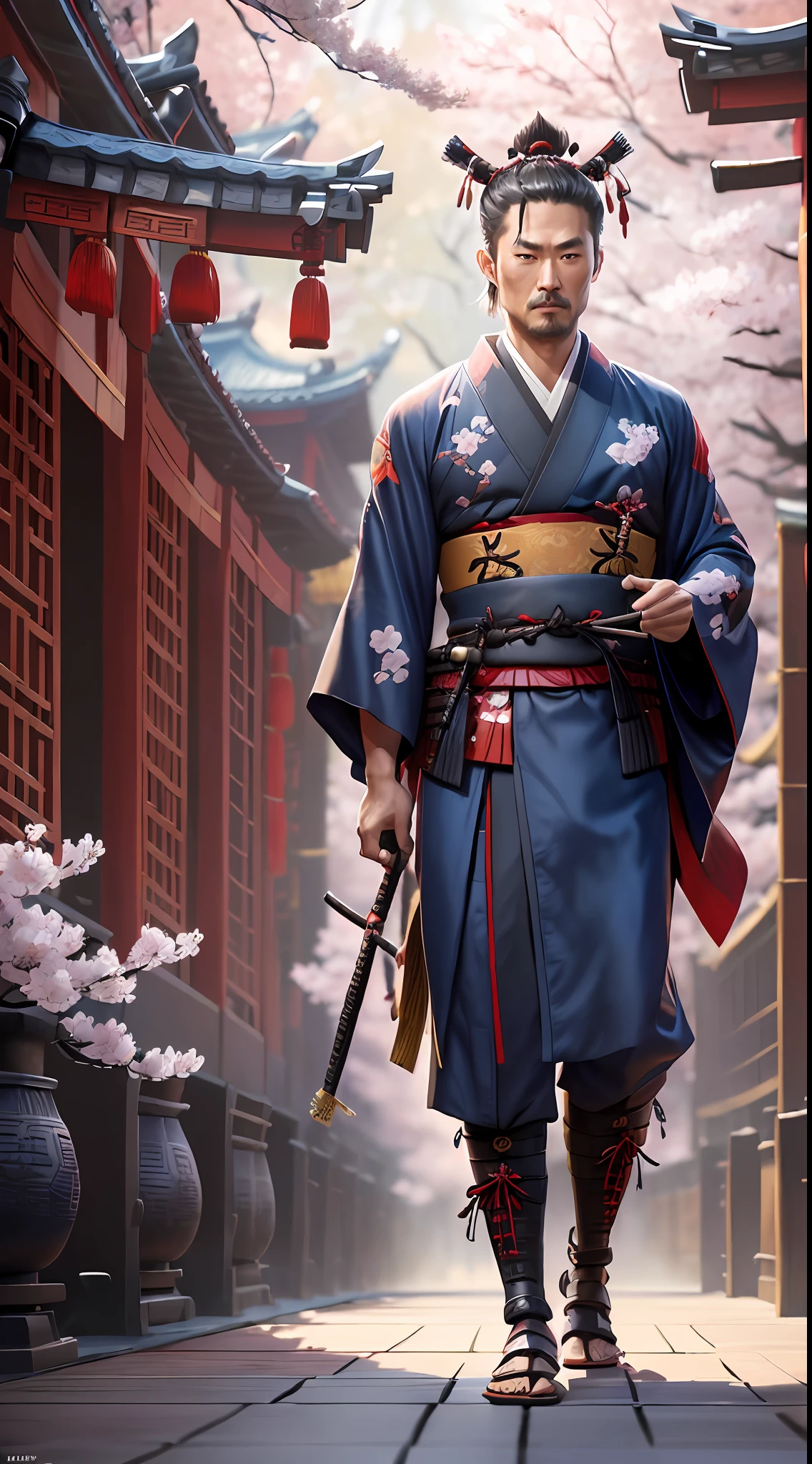 modelshoot style, (extremely detailed CG unity 8k wallpaper),(man, chinese, samurai, kimono:1.4), blue eyes, fit, cherry blossom background, professional majestic oil painting by Ed Blinkey, Atey Ghailan, Studio Ghibli, by Jeremy Mann, Greg Manchess, Antonio Moro, photorealistic painting art by midjourney and greg rutkowski --v 6