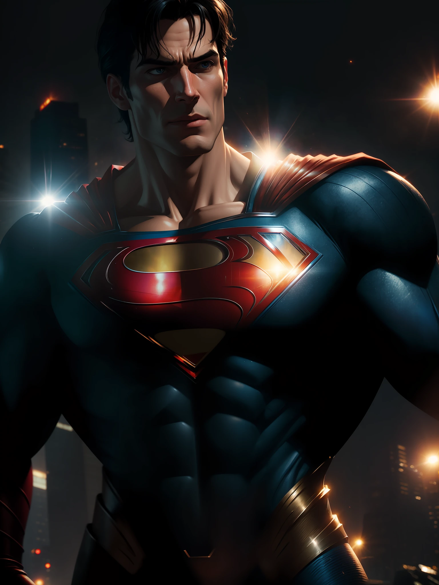 Movie scene, Superman from DC close-up shot, distorted space, distorted undead in the background, lens flares, light shafts, intricate details, highly detailed, volumetric lighting, 4k rendering, stock photo, hyper-realistic, realistic textures, dramatic lighting, Unreal Engine
