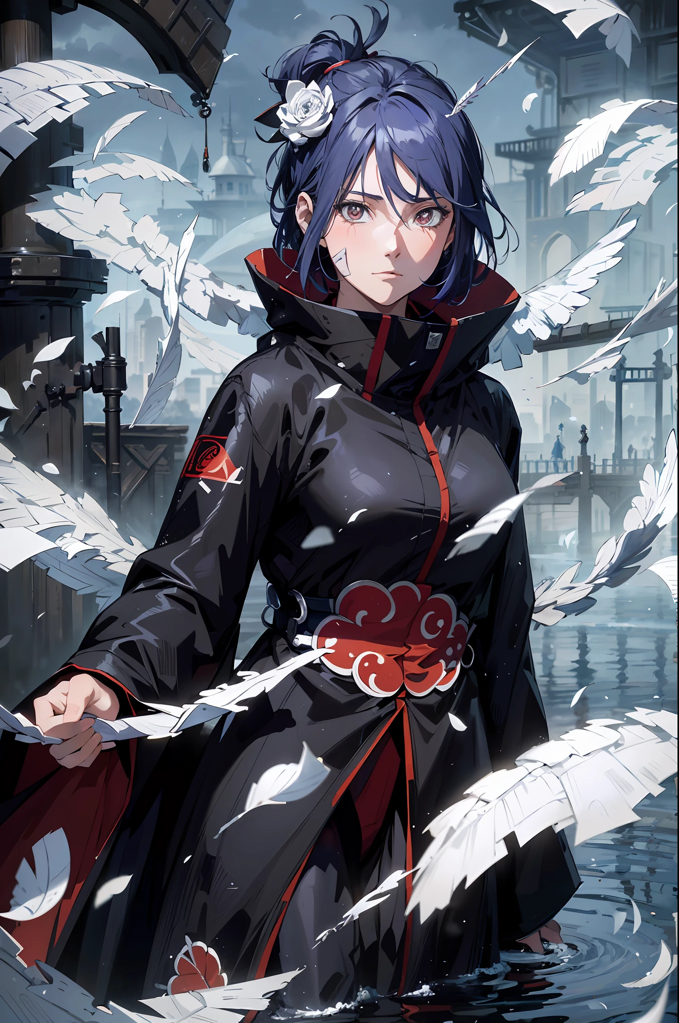 absurdity, (best quality), (masterpiece), (hyperdetail: 1.2), (realism: 1.1), (high resolution),
1 girl,
Konan\ (Naruto\), (Akatsuki costume: 1.1), Rabrette perforation, (paper: 1.2), paper wings, paper background,
Ripples, whirlpools,