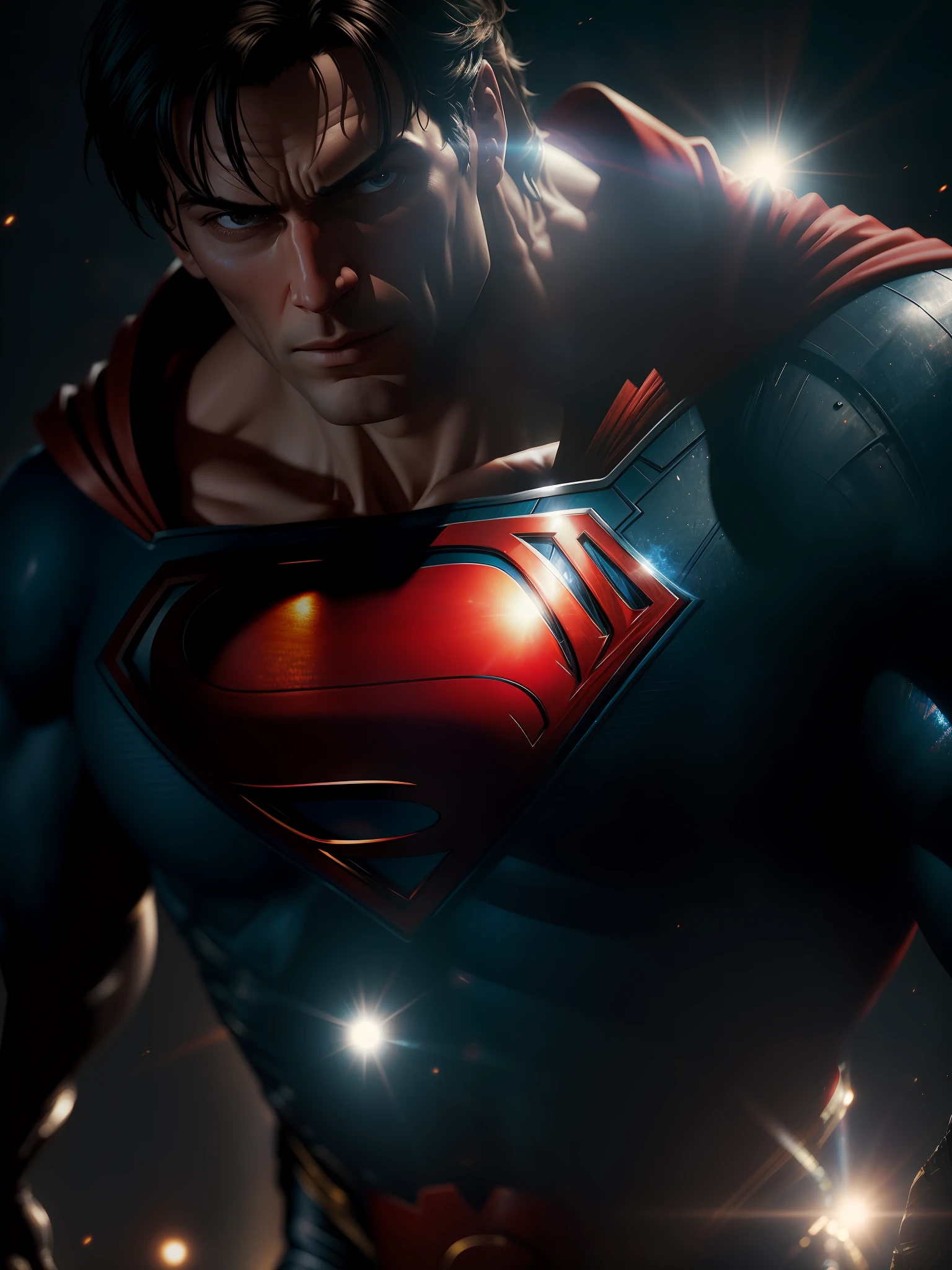 Movie scene, Superman from DC close-up shot, distorted space, distorted undead in the background, lens flares, light shafts, intricate details, highly detailed, volumetric lighting, 4k rendering, stock photo, hyper-realistic, realistic textures, dramatic lighting, Unreal Engine