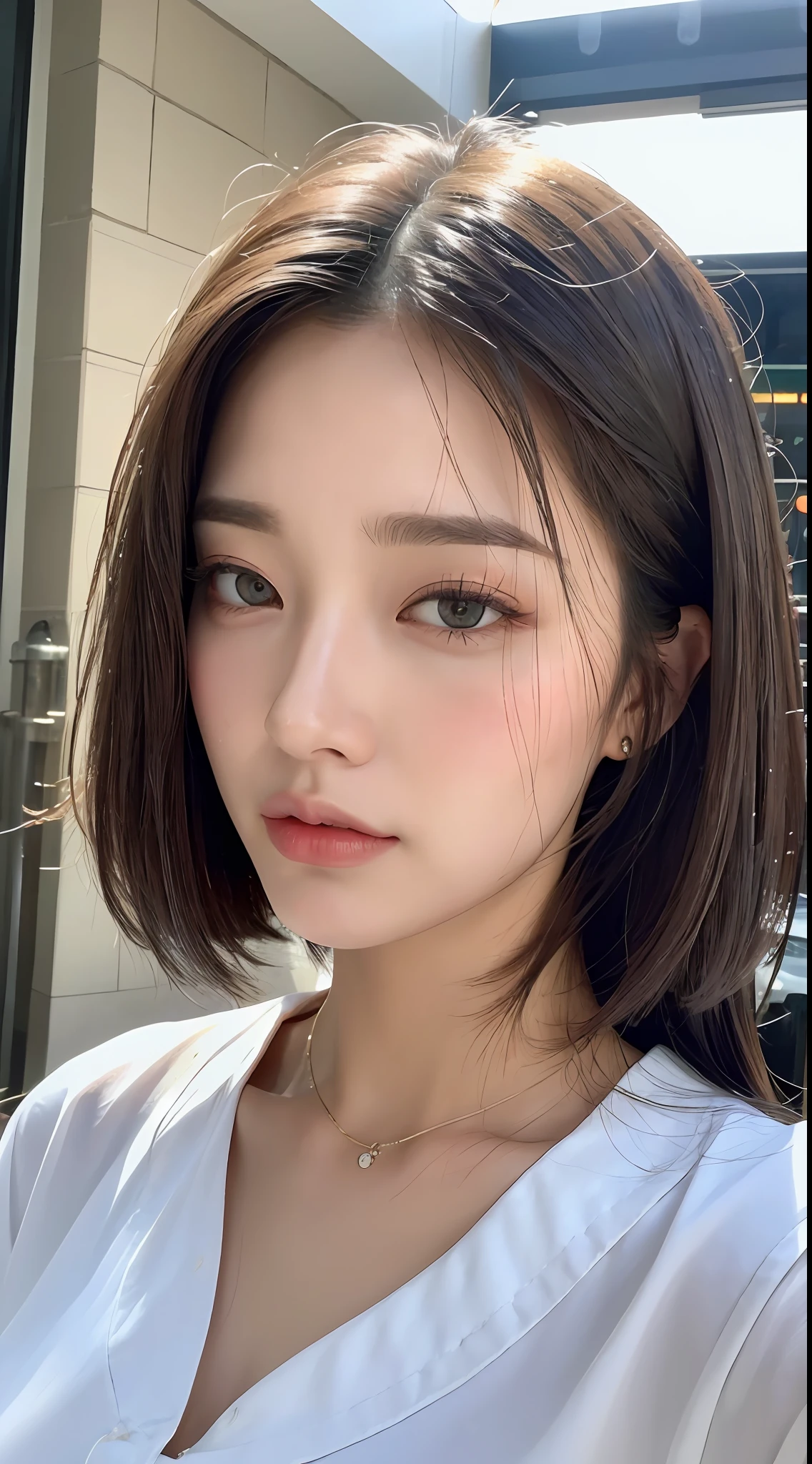 ((Best Quality, 8K, Masterpiece: 1.3)), Sharp: 1.2, Perfect Body Beauty: 1.4, Slim Abs: 1.2, ((Layered Hairstyle, Big Breasts: 1.2)), (Wet White Button Long Shirt: 1.1), (Rain, Street: 1.2), Wet: 1.5, Highly detailed face and skin texture, detailed eyes, double eyelids, side face looking at the camera