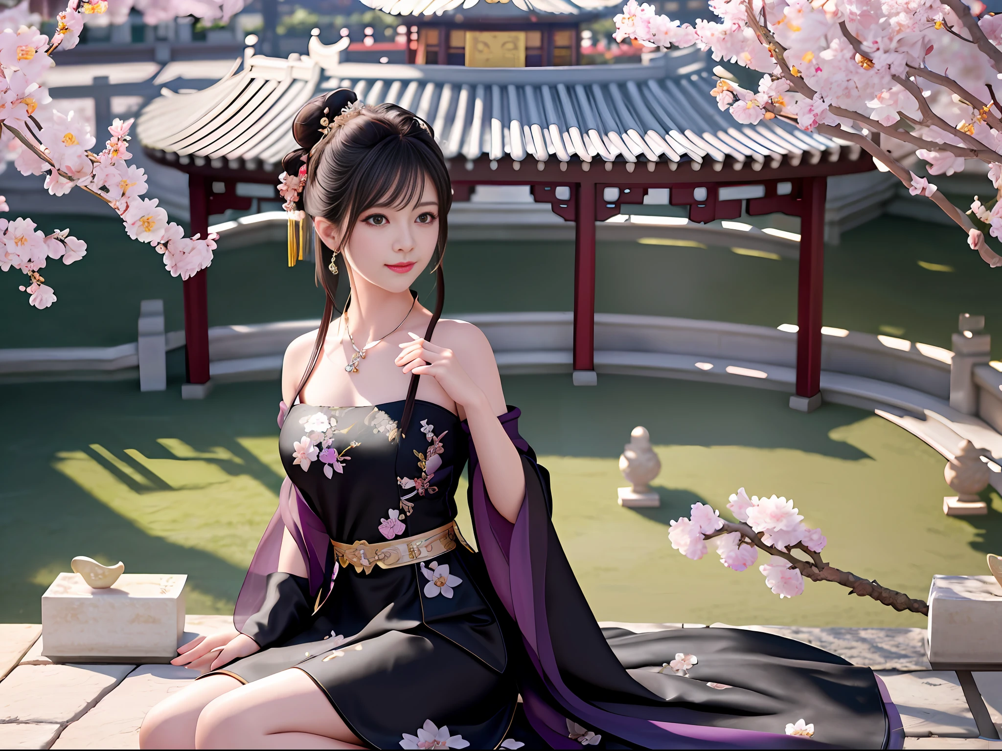 Excellent, masterpiece, high resolution, 8k, wallpaper, (((a girl))), (solo))), sitting under a gazebo, blush, star pupils, (realistic face), (high detail face), bright big eyes, (smile: 0.8), beautiful and delicate face, sexy body, Chinese hanfu, ((black dress)), bandeau, medium chest, leaky shoulders, long hair, bangs, hair bun, hair accessories, necklaces, jewelry, beauty, tyndall effect, realistic, light edge, ancient courtyard, Courtyard full of plum blossoms, (high detail skin: 1.2), 8k uhd, DSLR, soft light, high quality, volumetric lighting, candid shot, photo, high resolution, 4k, background bokeh