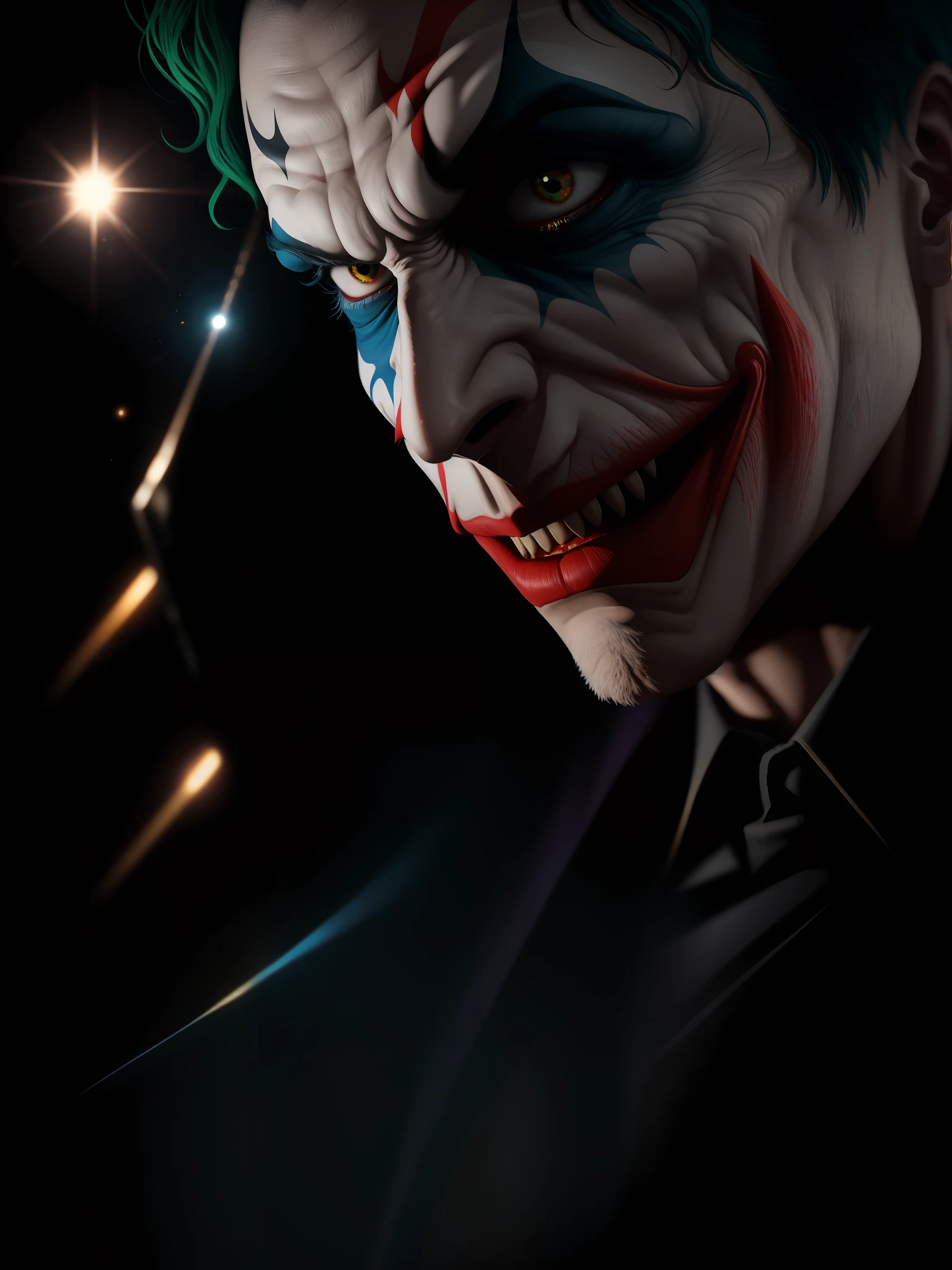 Scene from Movie, Joker from DC Close-Up Shot, Distorted Space, Distorted Undead in the Background, Lens Flares, Light Shafts, Intricate Details, High Detailed, Volumetric Lighting, 4k Rendering, Stock Photo, Hyper Realistic, Realistic Textures, Dramatic Lighting, Unreal Engine