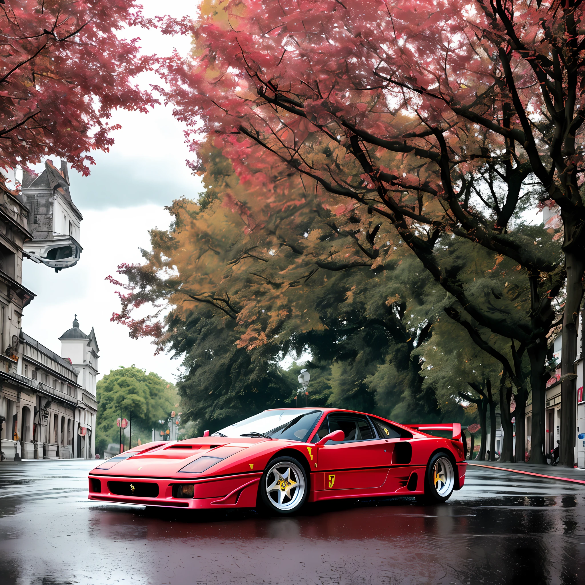 35mm portrait of a black Ferrari F40, parked diagonally on the street after the rain with splashes of water on the bodywork, cinematic city and some trees with pink leaves, dramatic lighting, ultra resolution, surrealism, reflections on the ground and cloudy sky
