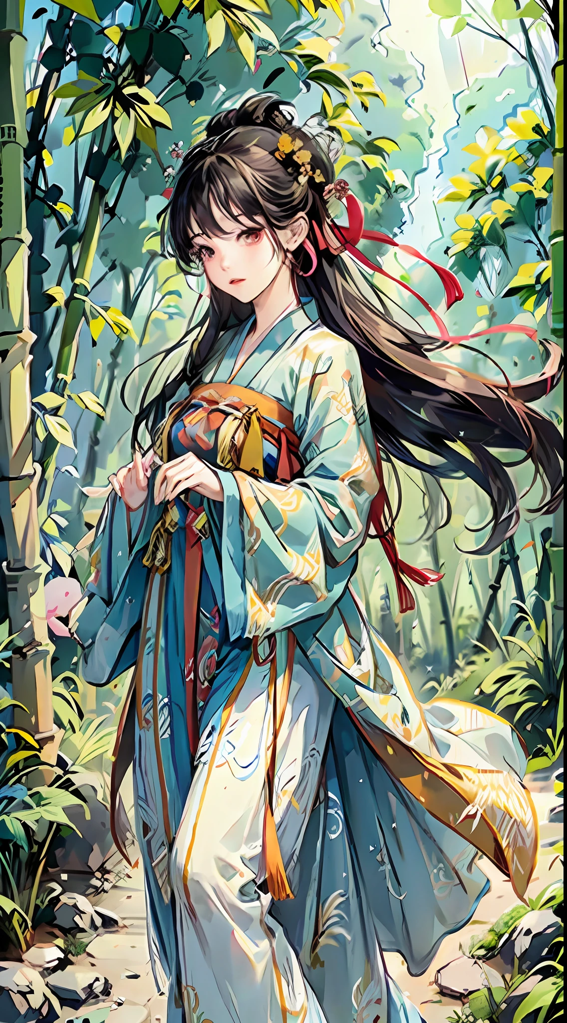 RAW photo, (masterpiece), best quality, (1girl), beautiful girl, wearing colorful Hanfu, walking in the bamboo forest, happy, floating clothes, floating hair in the wind