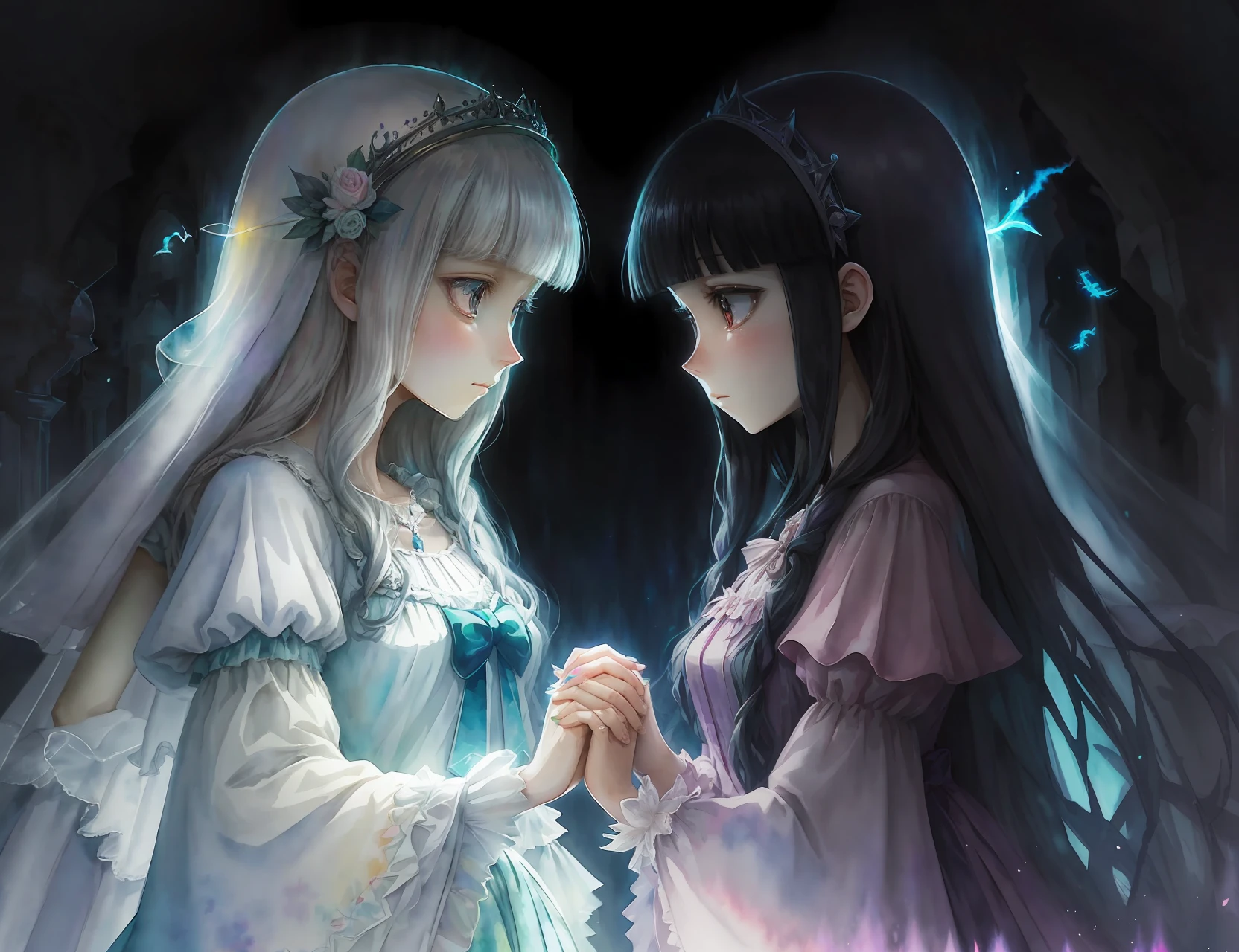 perfectly structured, (watercolor), digital illustration, anime style, the (mysterious princess of darkness) holding hands with the (immaculate princess of light), highly detailed, volumetric lighting, kawaii pastel colors, dynamic composition, sharp and crisp image, (delicate, sublime:1.2), beautiful beyond words,