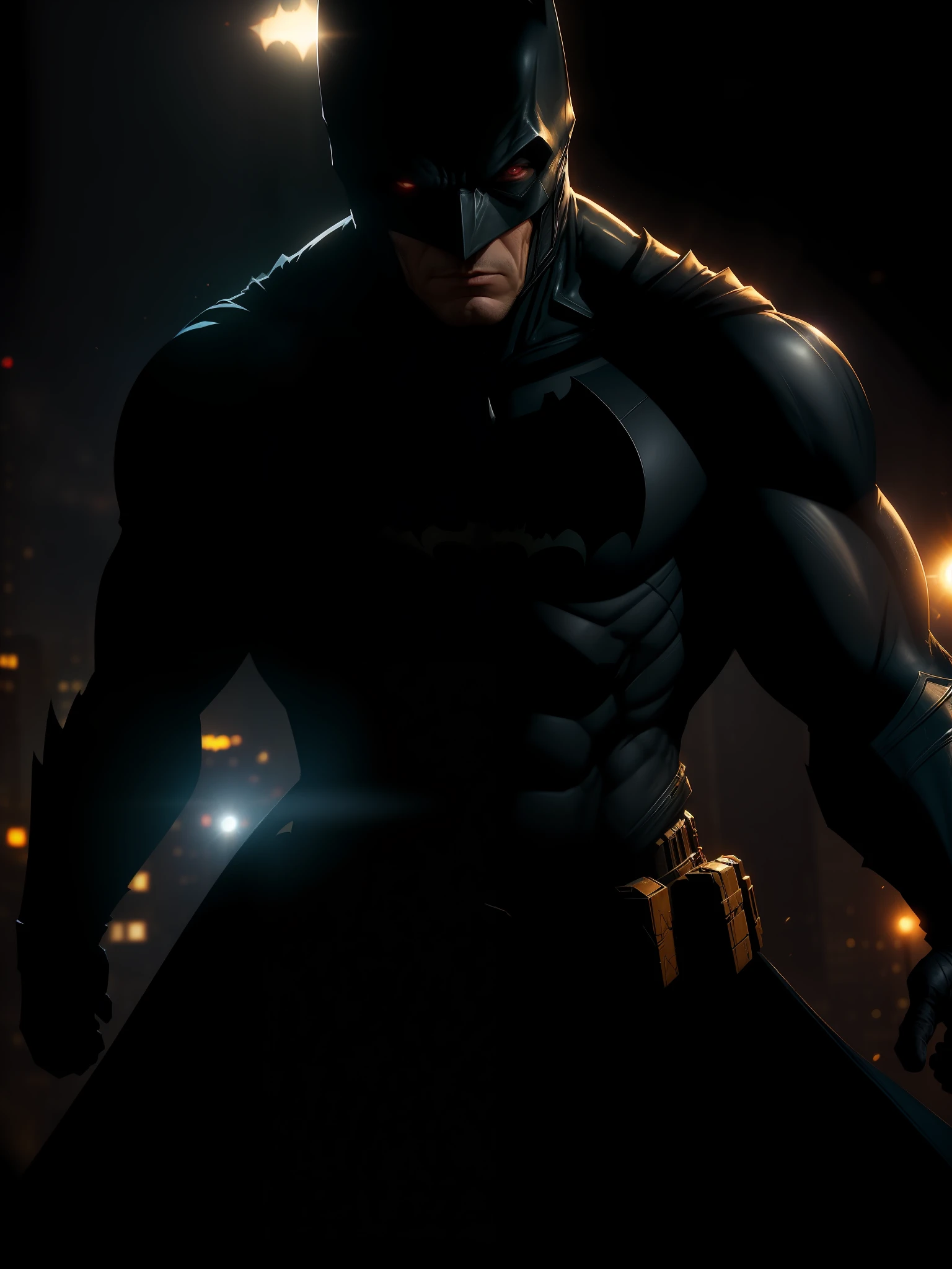 Movie scene, Batman from DC close-up, distorted space, distorted undead in the background, lens flares, light shafts, intricate details, highly detailed, volumetric lighting, 4k rendering, stock photo, hyperrealistic, realistic textures, dramatic lighting, Unreal Engine