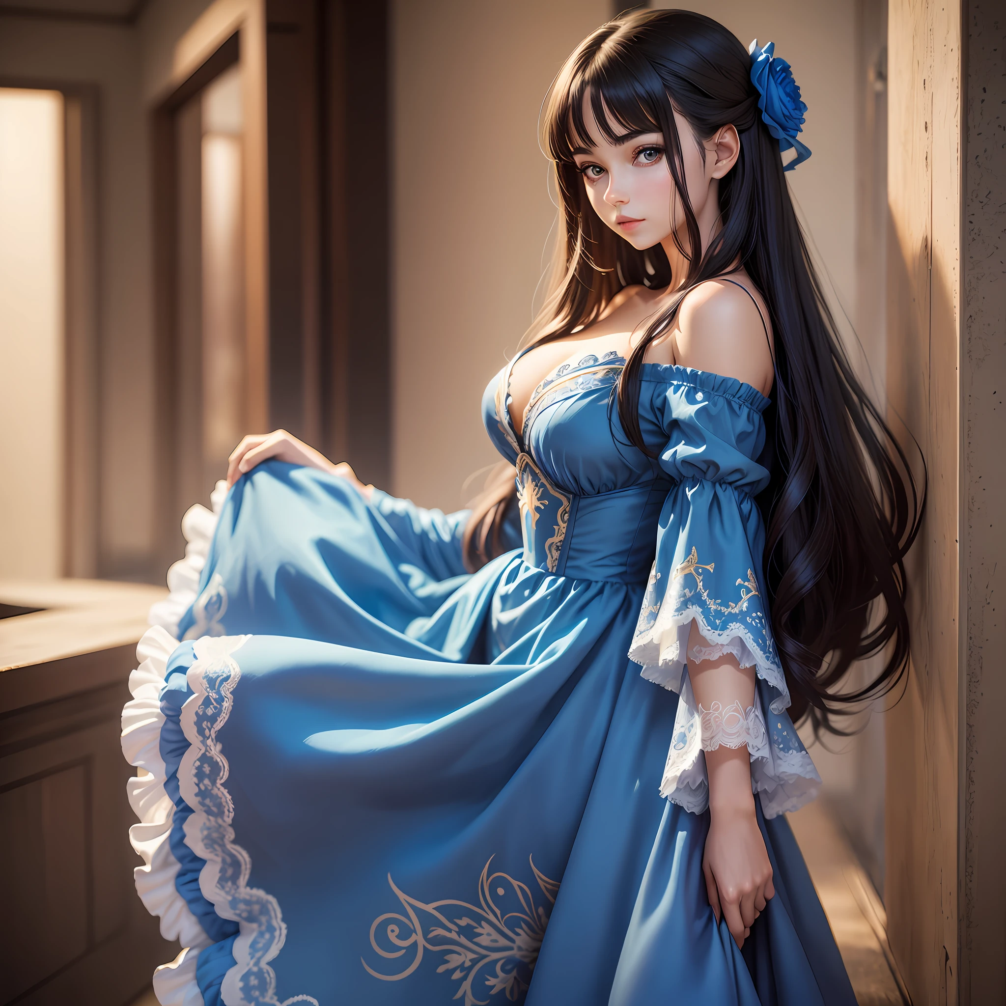 Photo of beautiful young woman, age 25, (((head in frame))), (full body), blue dress, perfectly beautiful, highly detail, dark hair, ((anime)), realistic anime portrait, anime photography
