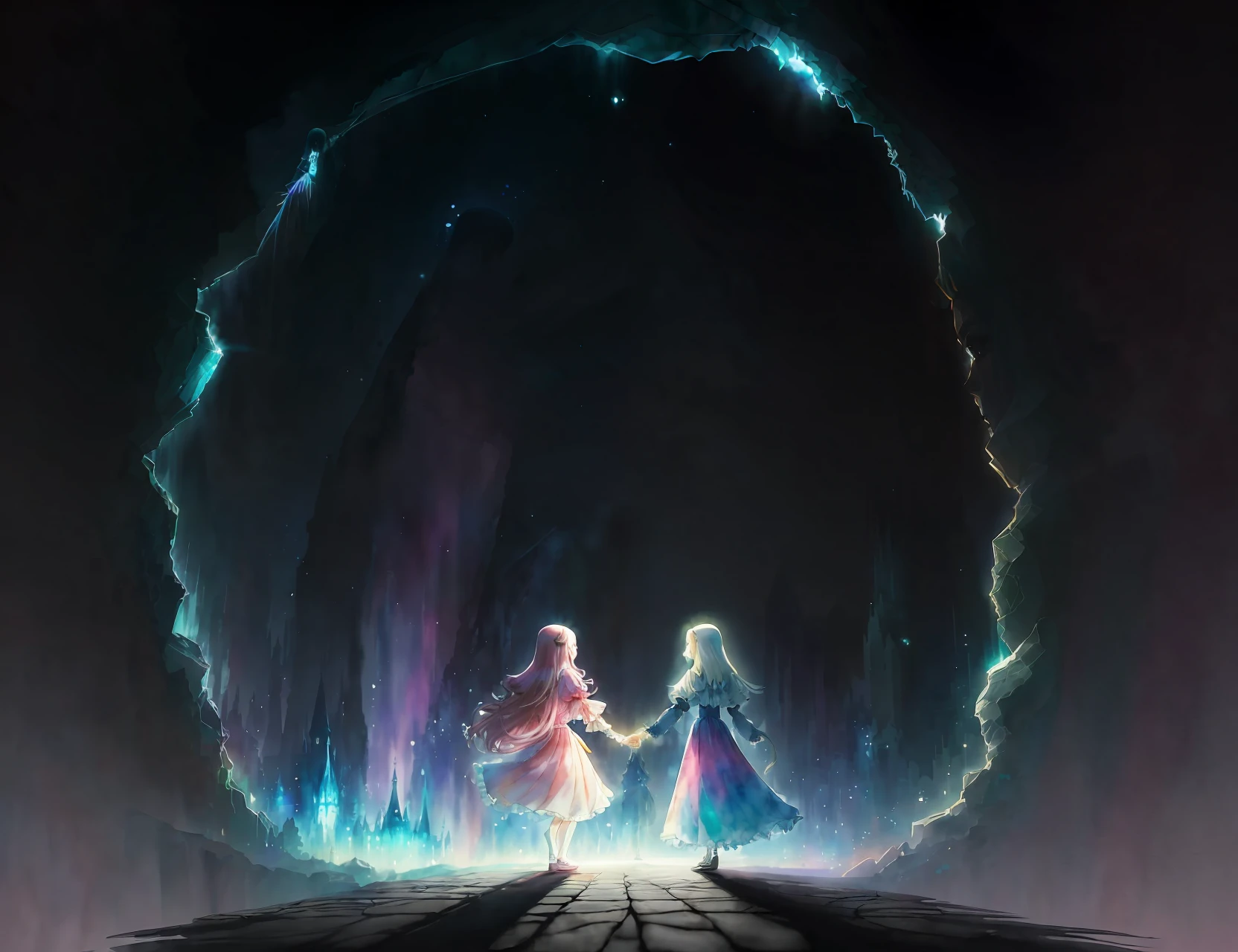 perfectly structured, (watercolor), digital illustration, anime style, the (mysterious princess of darkness) holding hands with the (immaculate princess of light), highly detailed, volumetric lighting, kawaii pastel colors, dynamic composition, sharp and crisp image, (delicate, sublime:1.2), beautiful beyond words,