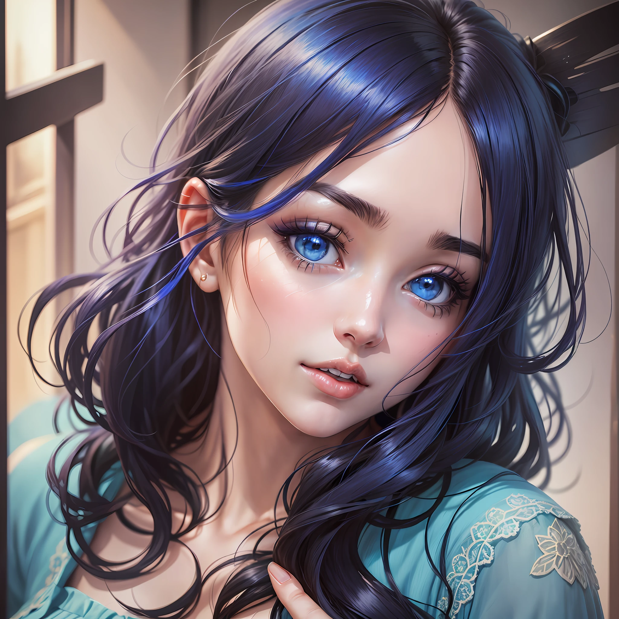 Photo of beautiful young woman, age 25, (((head in frame))), (full body), blue dress, perfectly beautiful, highly detail, dark hair, ((anime)), realistic anime portrait, anime photography