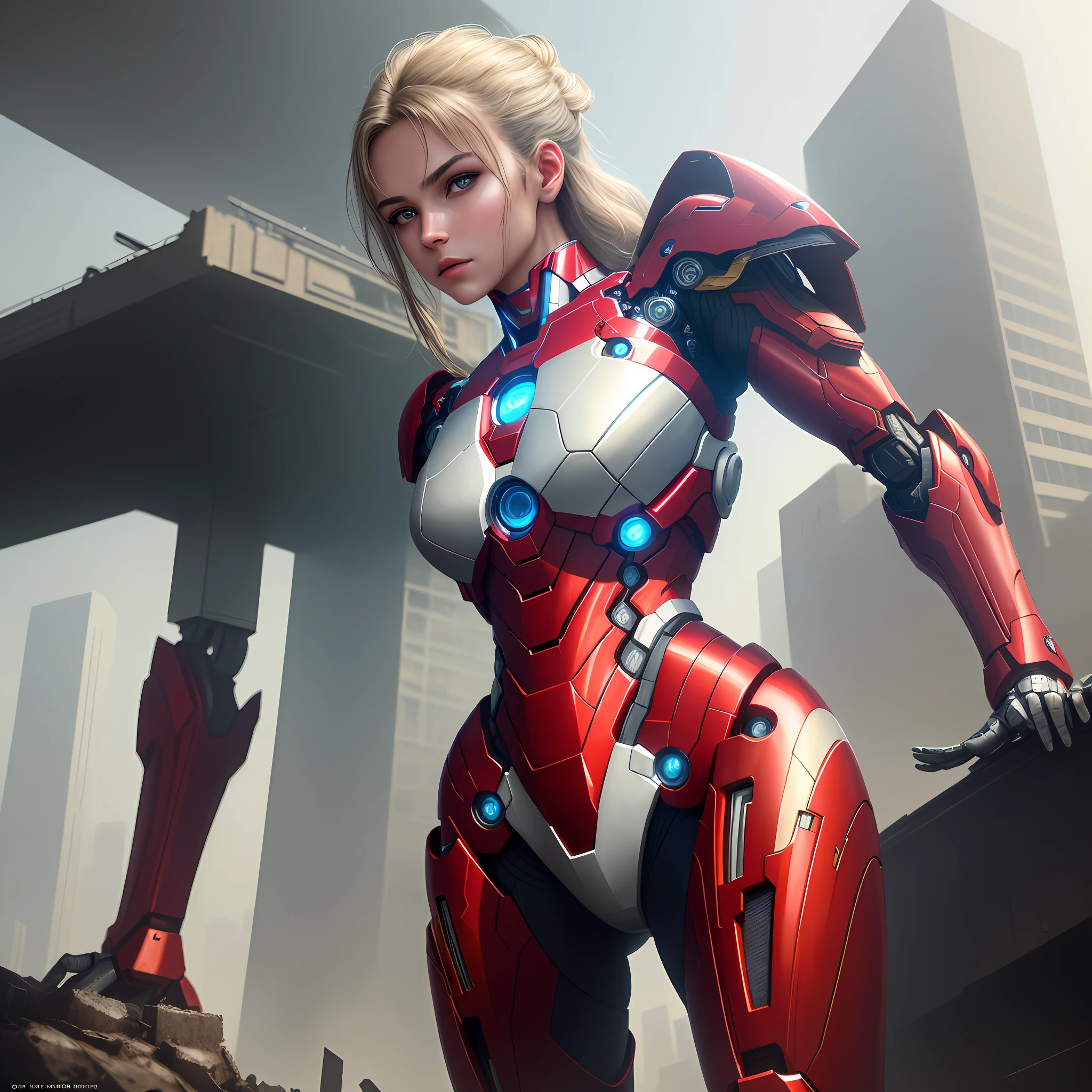 RAW, Masterpiece, Ultra Fine Photo,, Best Quality, Ultra High Resolution, Photorealistic, Sunlight, Full Body Portrait, Stunningly Beautiful,, Dynamic Poses, Delicate Face, Vibrant Eyes, (Side View) , she is wearing a futuristic Iron Man mech, red and gold color scheme, highly detailed abandoned warehouse background, detailed face, detailed and complex busy background, messy, gorgeous, milky white, high detailed skin, realistic skin details, visible pores , sharp focus, volumetric fog, 8k uhd, dslr camera, high quality, film grain, fair skin, photorealism, lomography, sprawling metropolis in futuristic dystopia, view from below, translucent, fight sence