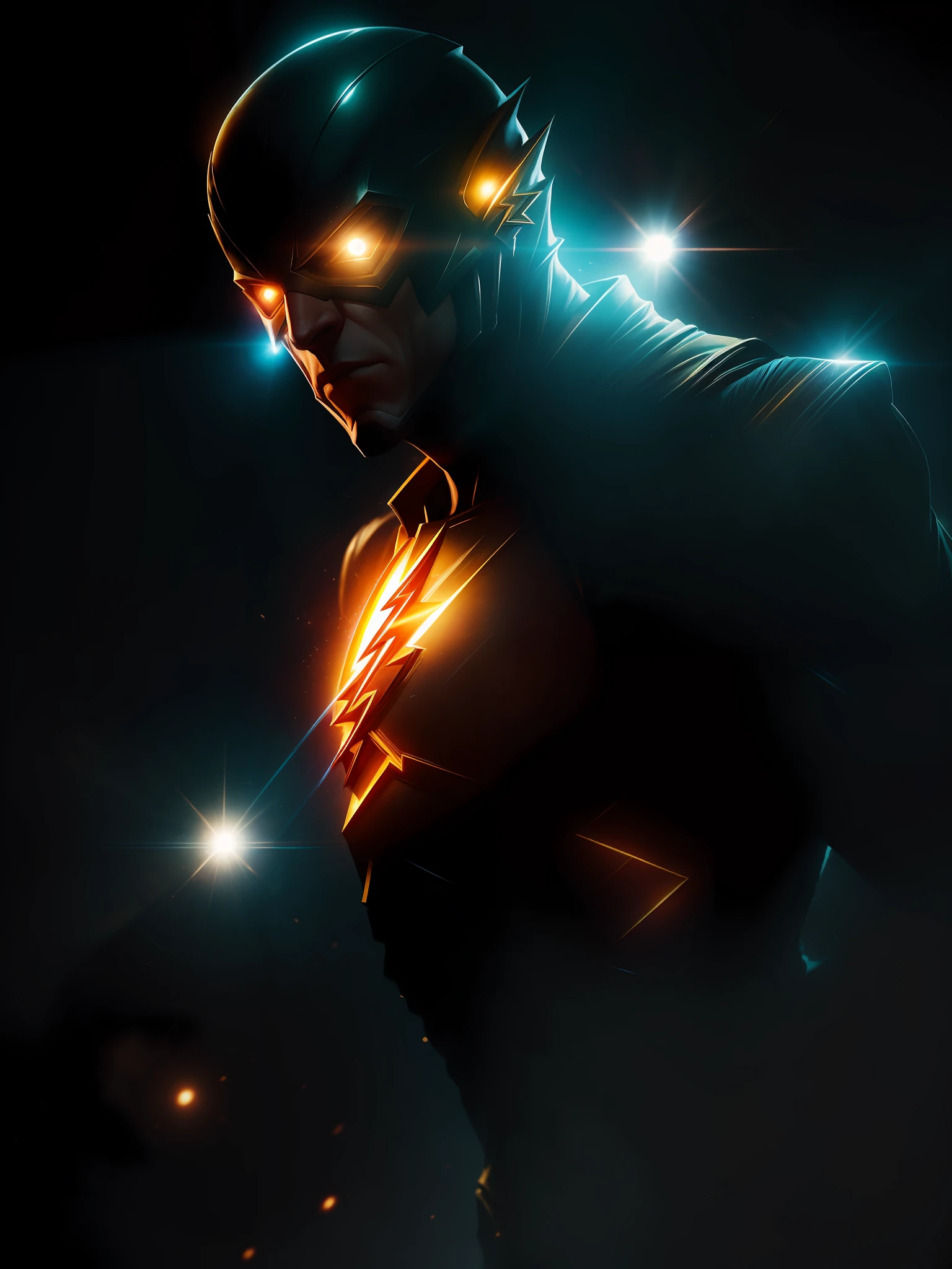 Movie scene, Flash from DC close-up, distorted space, distorted undead in the background, lens flares, light shafts, intricate details, highly detailed, volumetric lighting, 4k rendering, stock photo, hyper-realistic, realistic textures, dramatic lighting, Unreal Engine