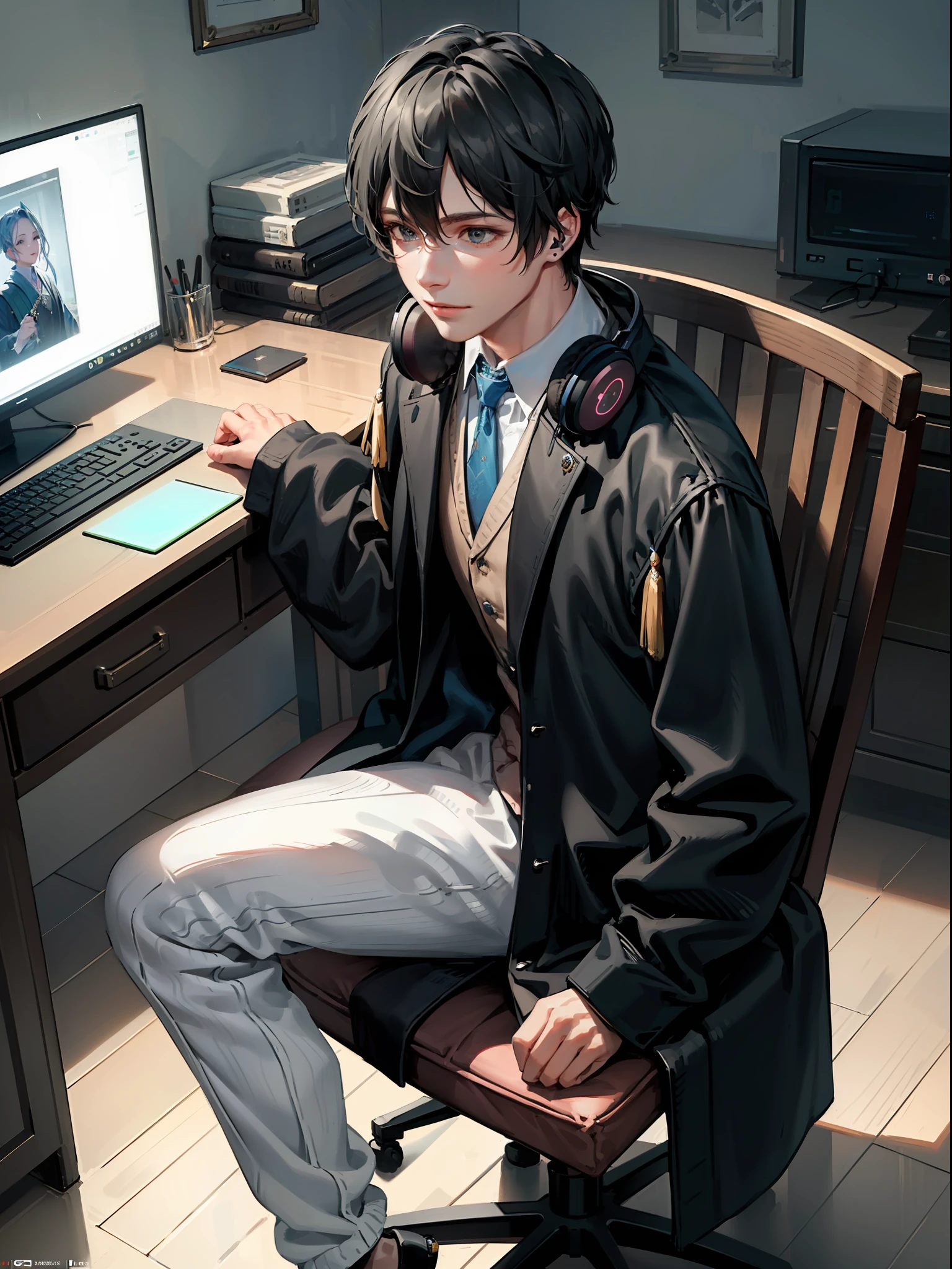 (A man: 1.5), expression joyful, sitting in front of the computer, with headphones, 8k, exquisite drawing style, details, super detailed, exquisite facial details