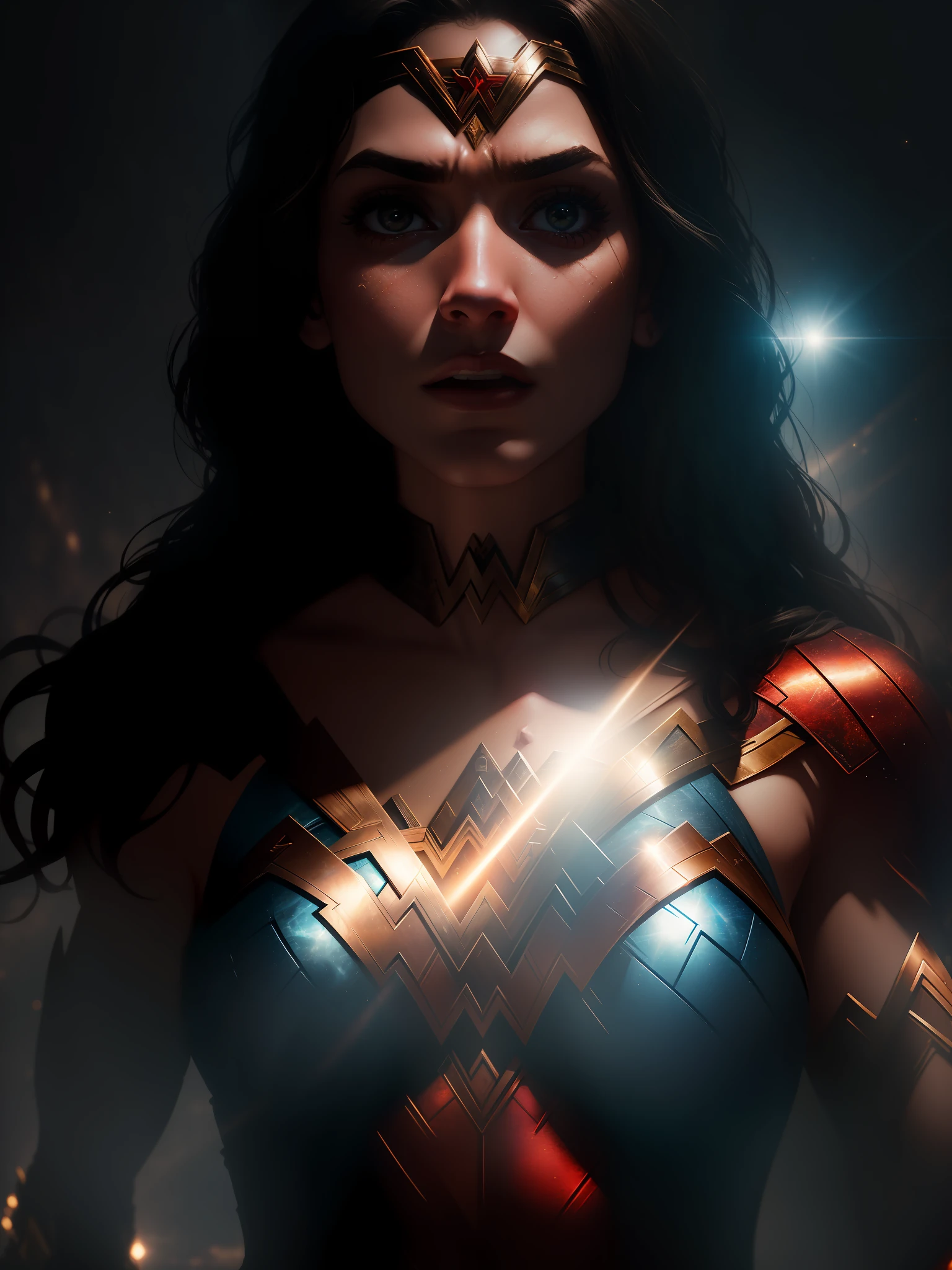 Scene from Movie, Wonder Woman from DC Close-Up, Distorted Space, Distorted Undead in the Background, Lens Flares, Light Shafts, Intricate Details, High Detailed, Volumetric Lighting, 4k Rendering, Stock Photo, Hyper-Realistic, Realistic Textures, Dramatic Lighting, Unreal Engine