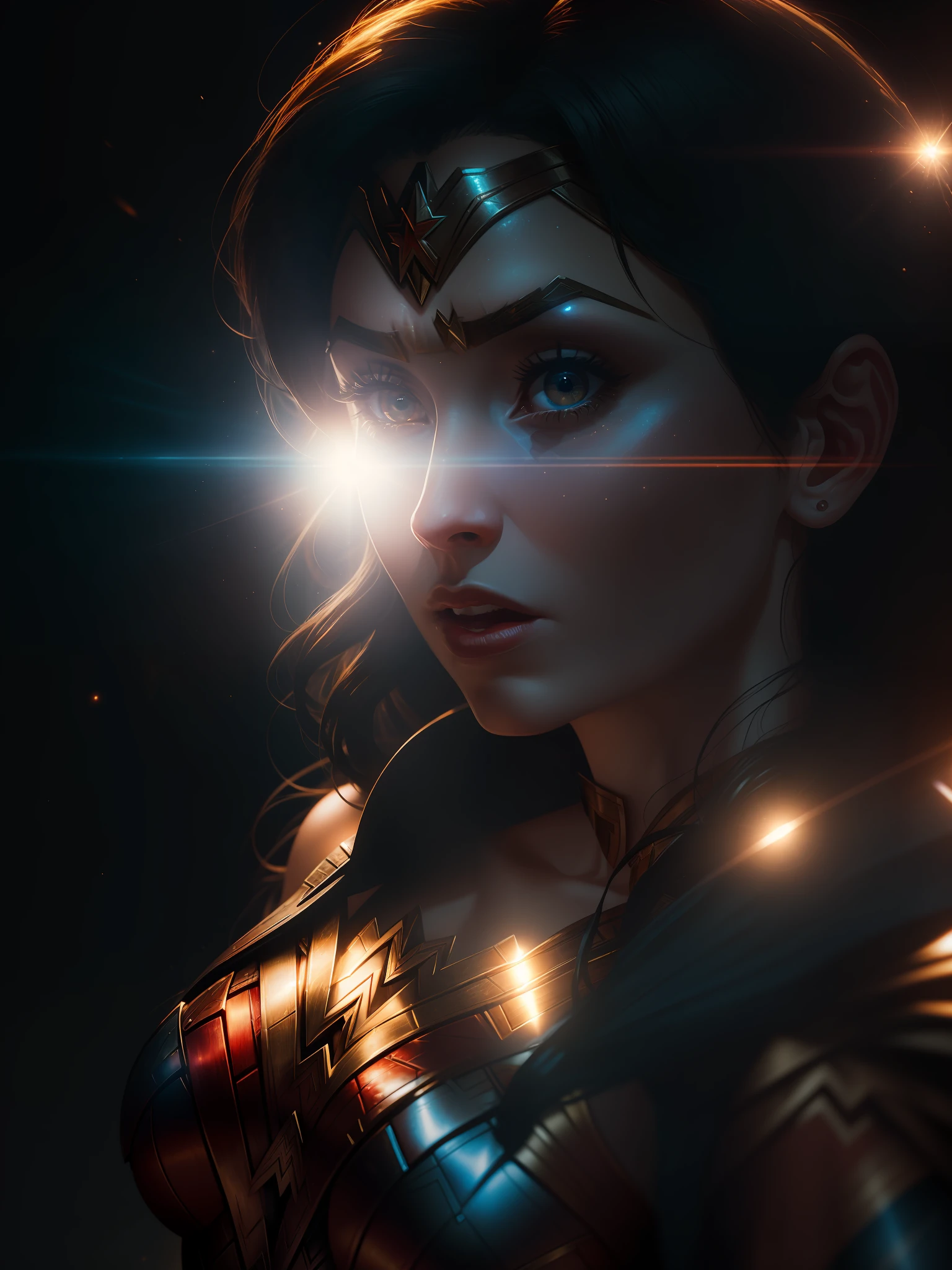 Scene from Movie, Wonder Woman from DC Close-Up, Distorted Space, Distorted Undead in the Background, Lens Flares, Light Shafts, Intricate Details, High Detailed, Volumetric Lighting, 4k Rendering, Stock Photo, Hyper-Realistic, Realistic Textures, Dramatic Lighting, Unreal Engine