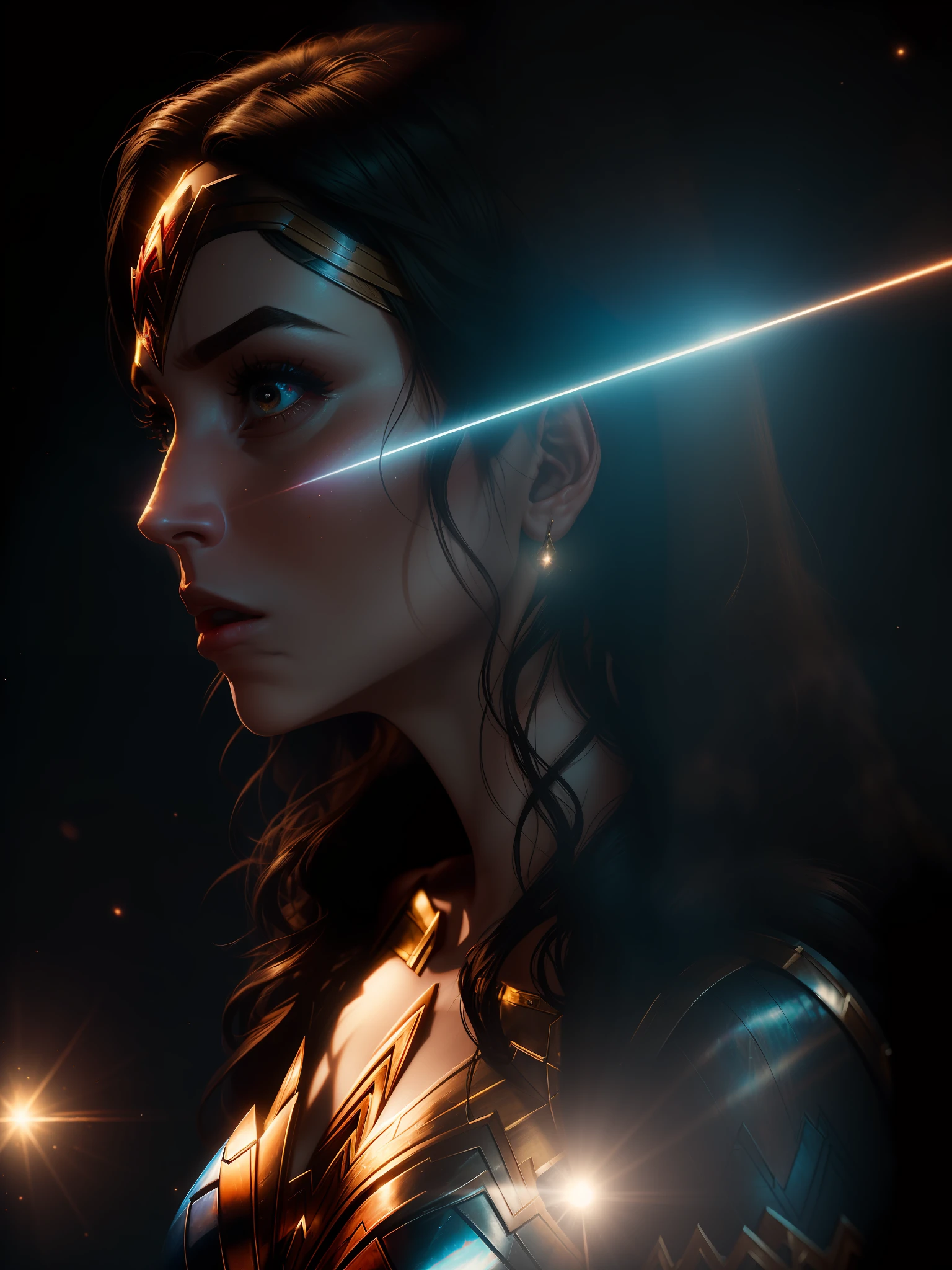 Scene from Movie, Wonder Woman from DC Close-Up, Distorted Space, Distorted Undead in the Background, Lens Flares, Light Shafts, Intricate Details, High Detailed, Volumetric Lighting, 4k Rendering, Stock Photo, Hyper-Realistic, Realistic Textures, Dramatic Lighting, Unreal Engine