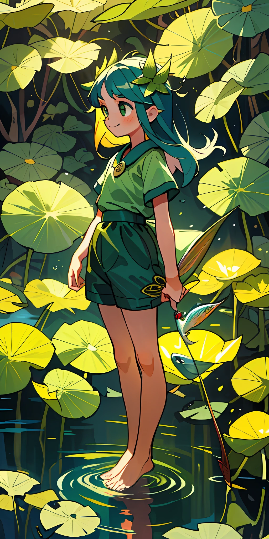 (Best quality, masterpiece), 1girl, 1 3 year old little girl, small child, holding a fish, long hair, wearing lotus leaves on her head, cute, short sleeves, shorts, cute, lotus bushes, standing barefoot in the water, touching fish, fishing, happy, spring, nature, small fish swimming in the water