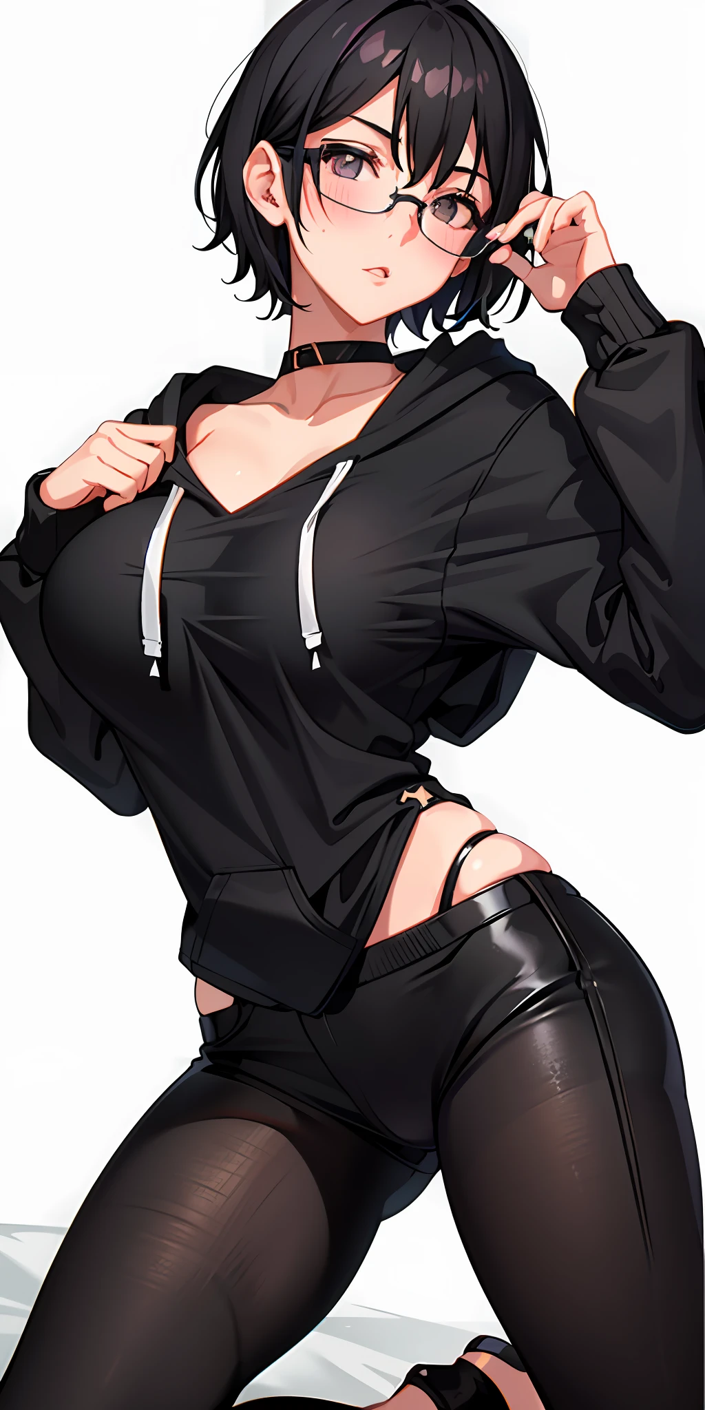 1 girl, black short hair, glasses, wear a Hoodie, black pants, big breast,tight legs,long legs,blush face,seductif,dynamic pose,on the bed,bite a condom