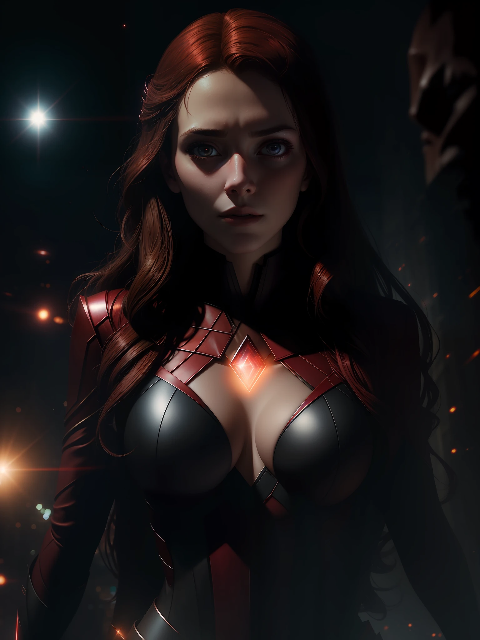 Scene from Movie, Scarlet Witch from Marvel Close-Up Shot, Distorted Space, Distorted Undead in the Background, Lens Flares, Light Shafts, Intricate Details, High Detailed, Volumetric Lighting, 4k Rendering, Stock Photo, Hyper Realistic, Realistic Textures, Dramatic Lighting, Unreal Engine