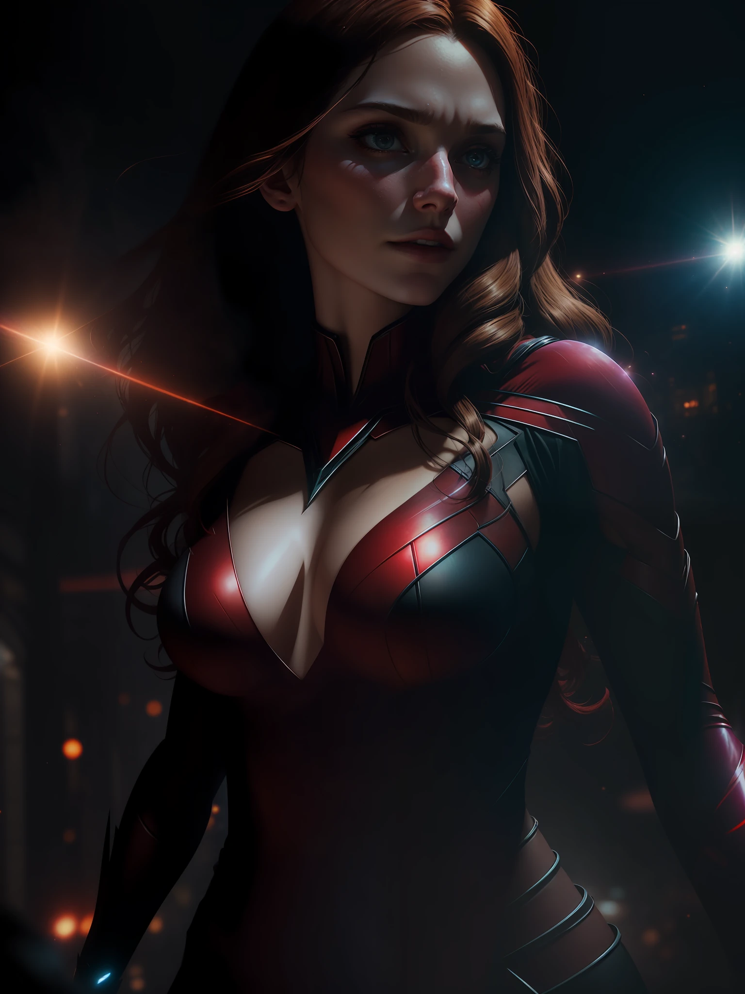 Scene from Movie, Scarlet Witch from Marvel Close-Up Shot, Distorted Space, Distorted Undead in the Background, Lens Flares, Light Shafts, Intricate Details, High Detailed, Volumetric Lighting, 4k Rendering, Stock Photo, Hyper Realistic, Realistic Textures, Dramatic Lighting, Unreal Engine