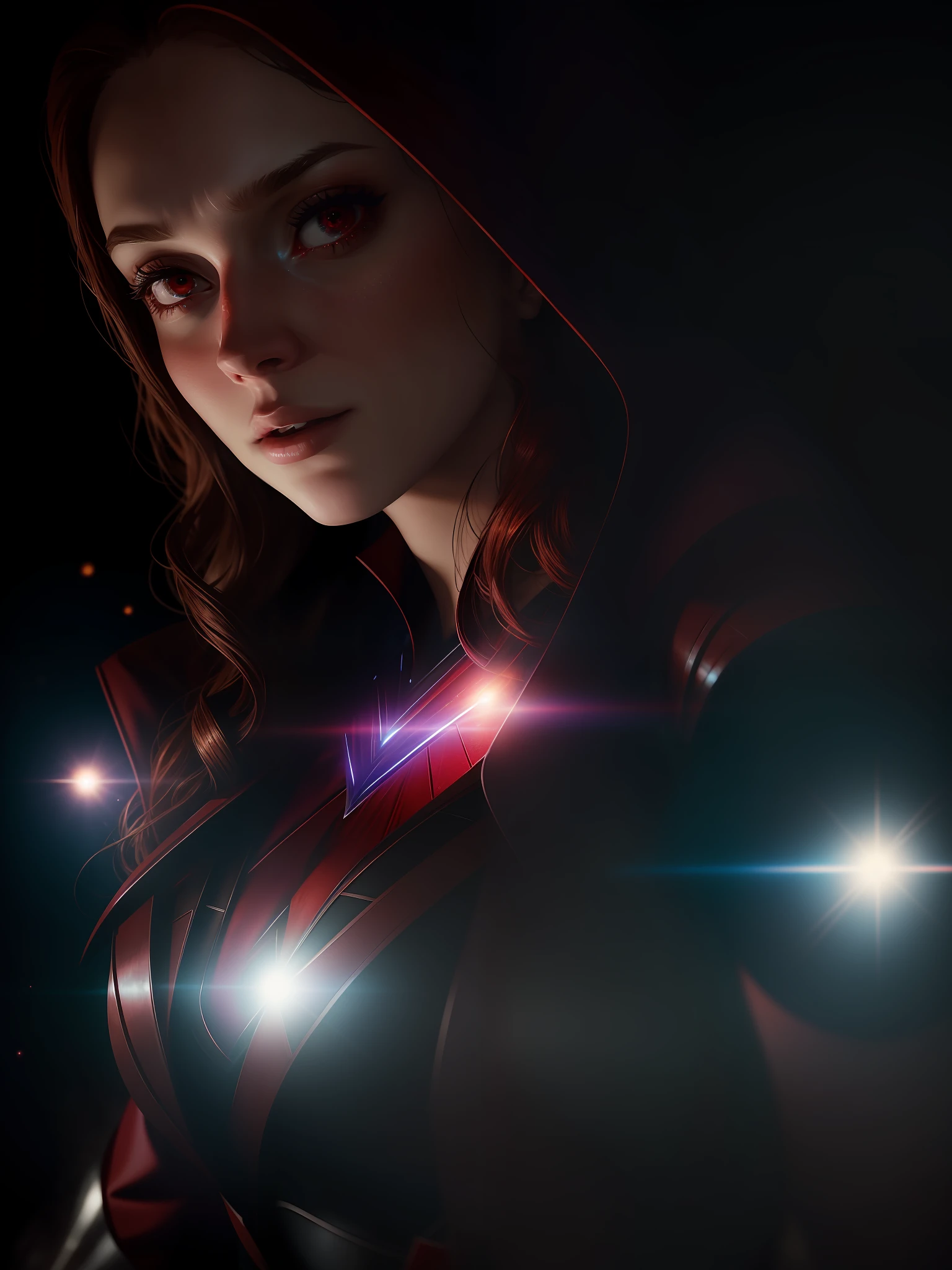 Scene from Movie, Scarlet Witch from Marvel Close-Up Shot, Distorted Space, Distorted Undead in the Background, Lens Flares, Light Shafts, Intricate Details, High Detailed, Volumetric Lighting, 4k Rendering, Stock Photo, Hyper Realistic, Realistic Textures, Dramatic Lighting, Unreal Engine